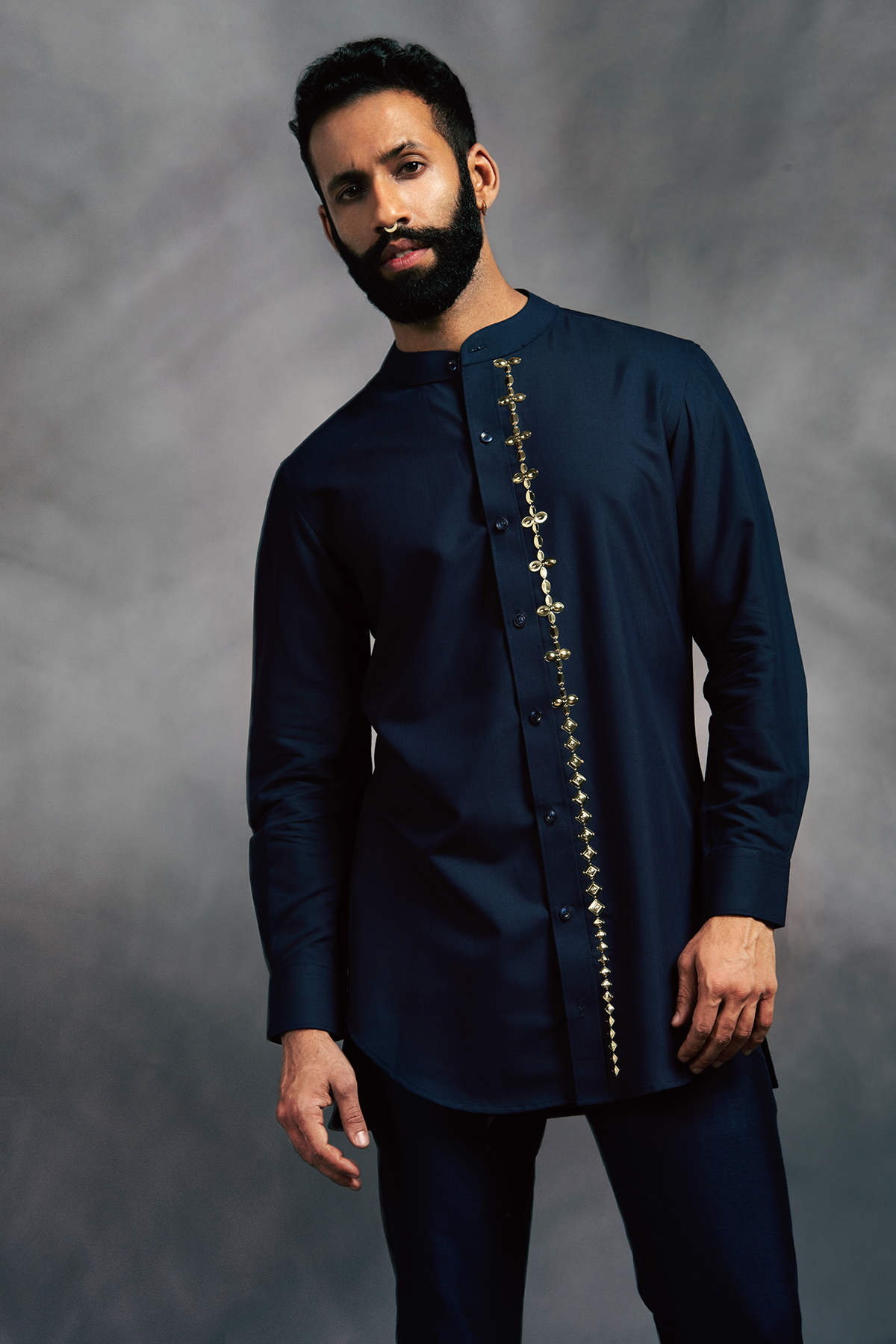 Navy Blue Long Kurta Shirt With Embroidered Placket