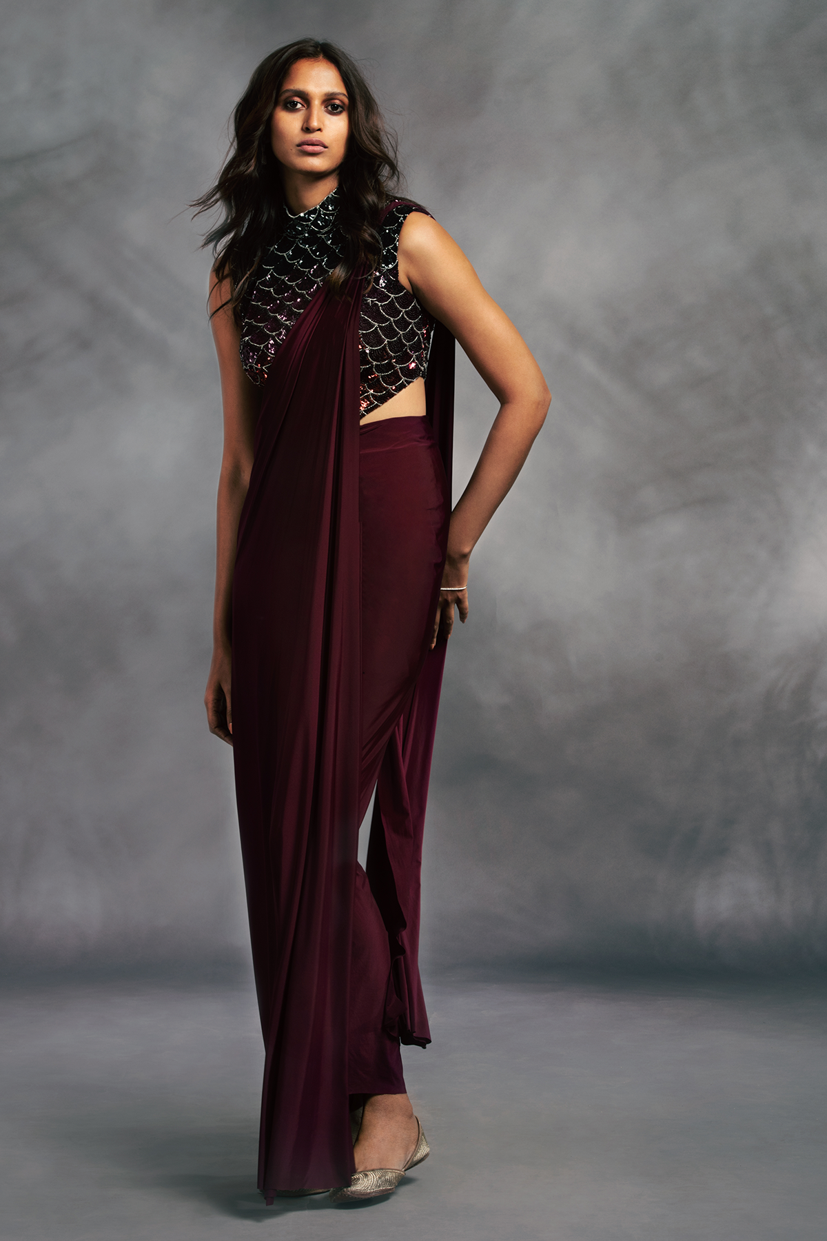 Ombre Embroidered High Neck Scallop Blouse with Maroon Prestiched Saree