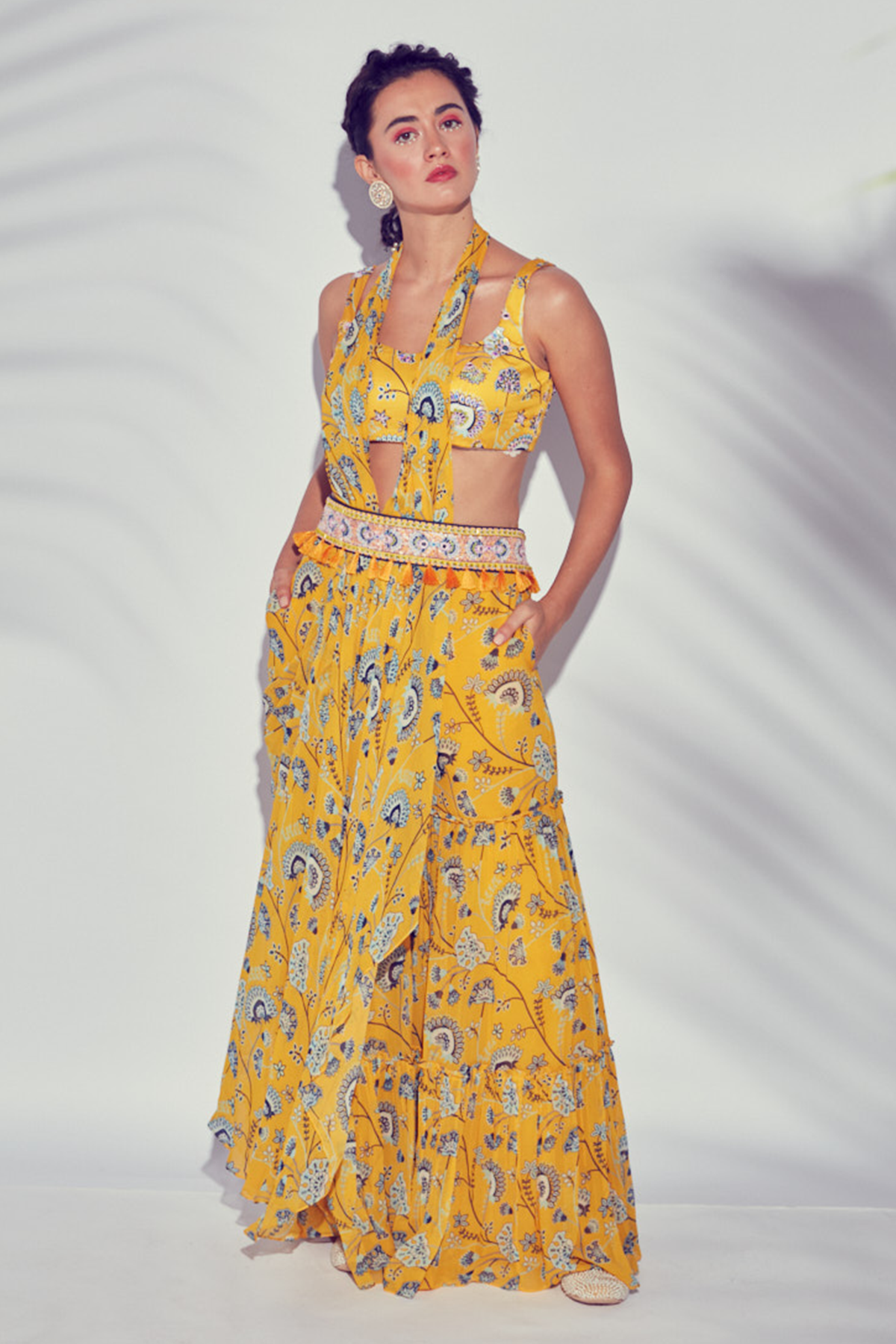 YELLOW JAAL PRINTED TIERED GHARARA PANTS SAREE & BLOUSE WITH EMBROIDERED TASSEL BELT
