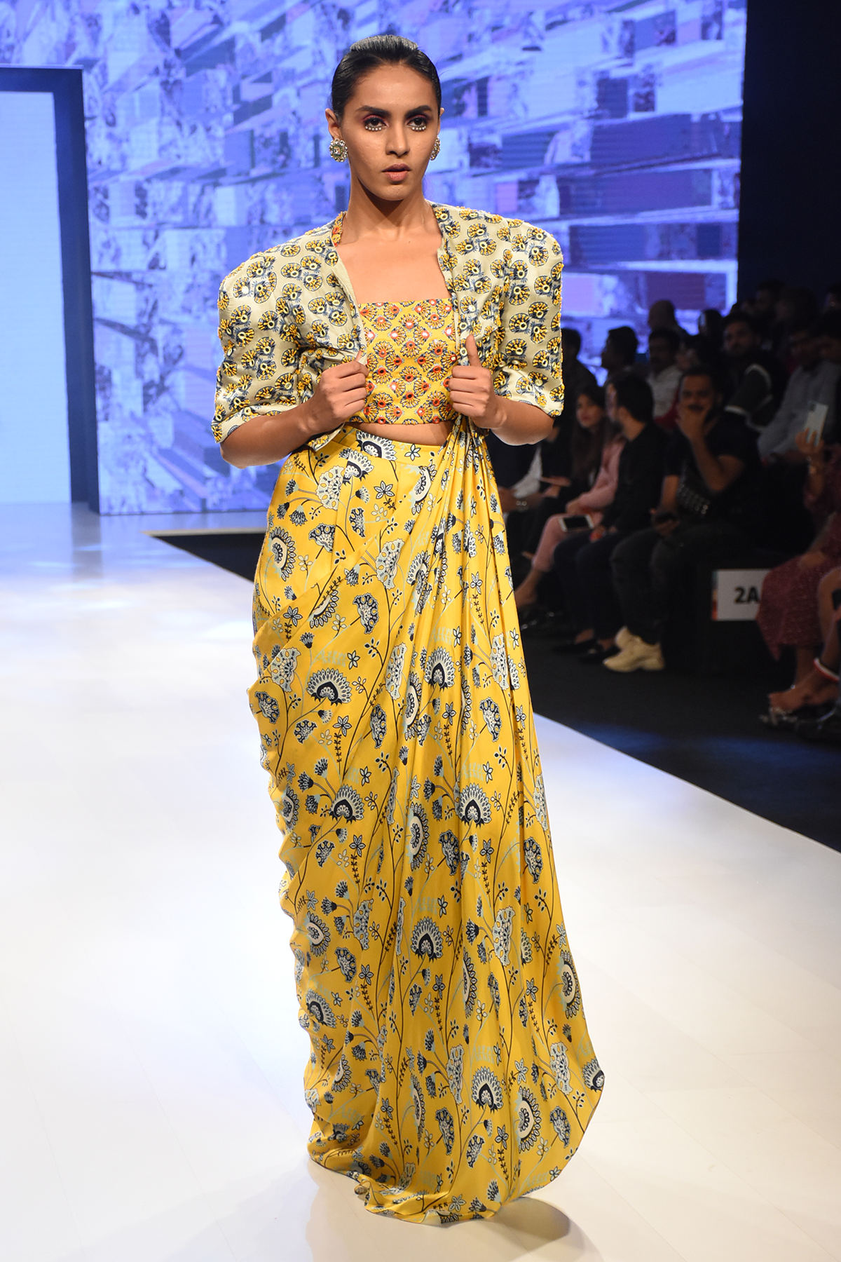 Yellow Jaal Printed Pant Saree With Butta Embroidered Blouse & Blue Butta Printed Jacket