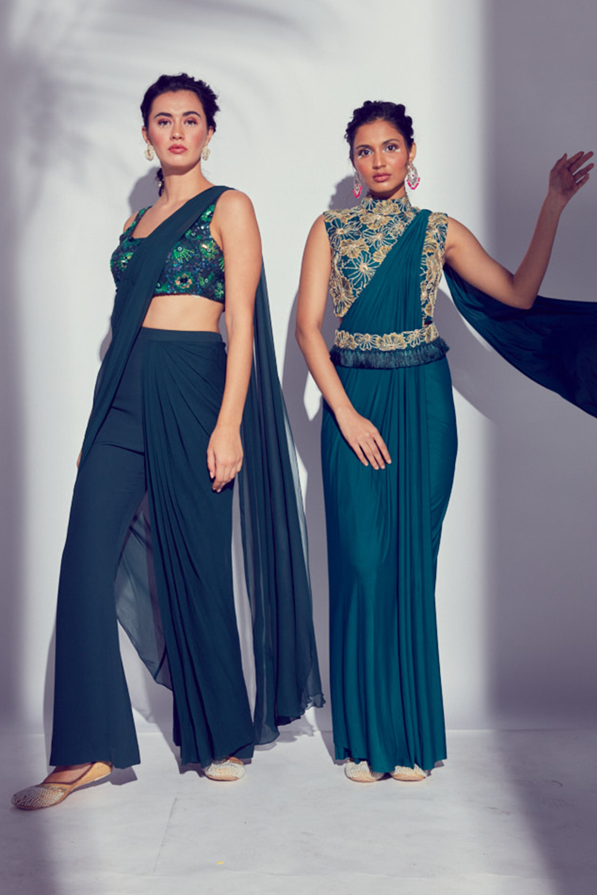 Bottle Green Self on Self 3D Embroidered Blouse With Wide leg Pant Saree