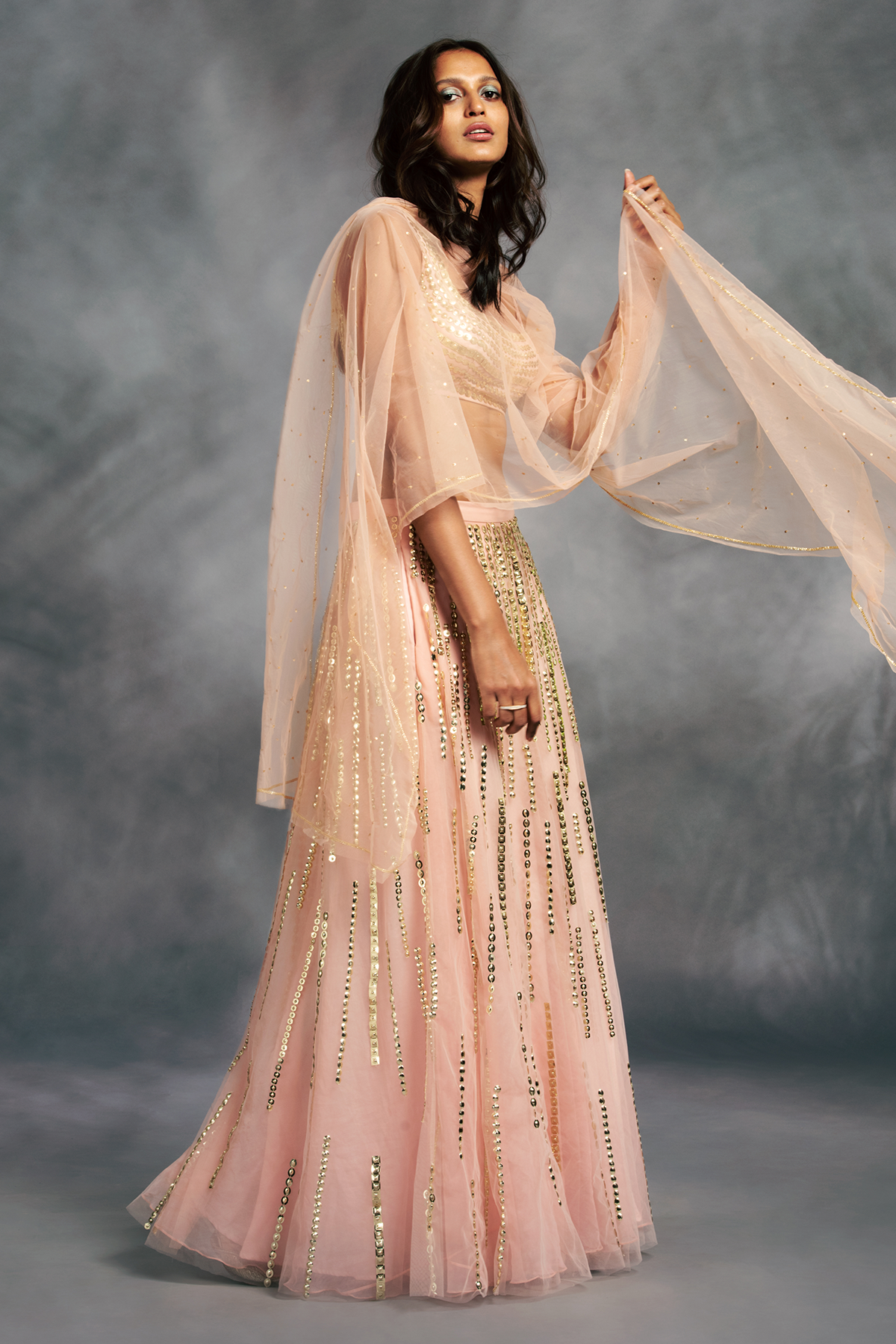Old Rose Raindrop Embroidered Lehenga With Embroidered Square Neck Blouse & Dupatta