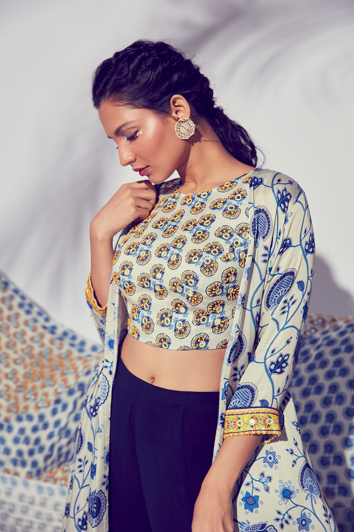 Blue Jaal Jacket With Border & Butta Embroidered Blouse & Sharara