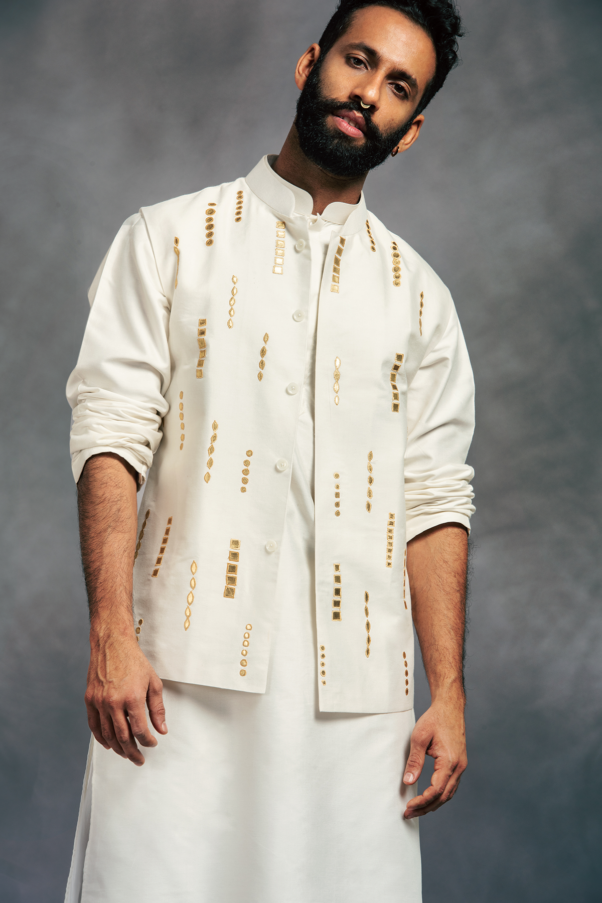 Offwhite Leather Embroidered Kurta With Bundy