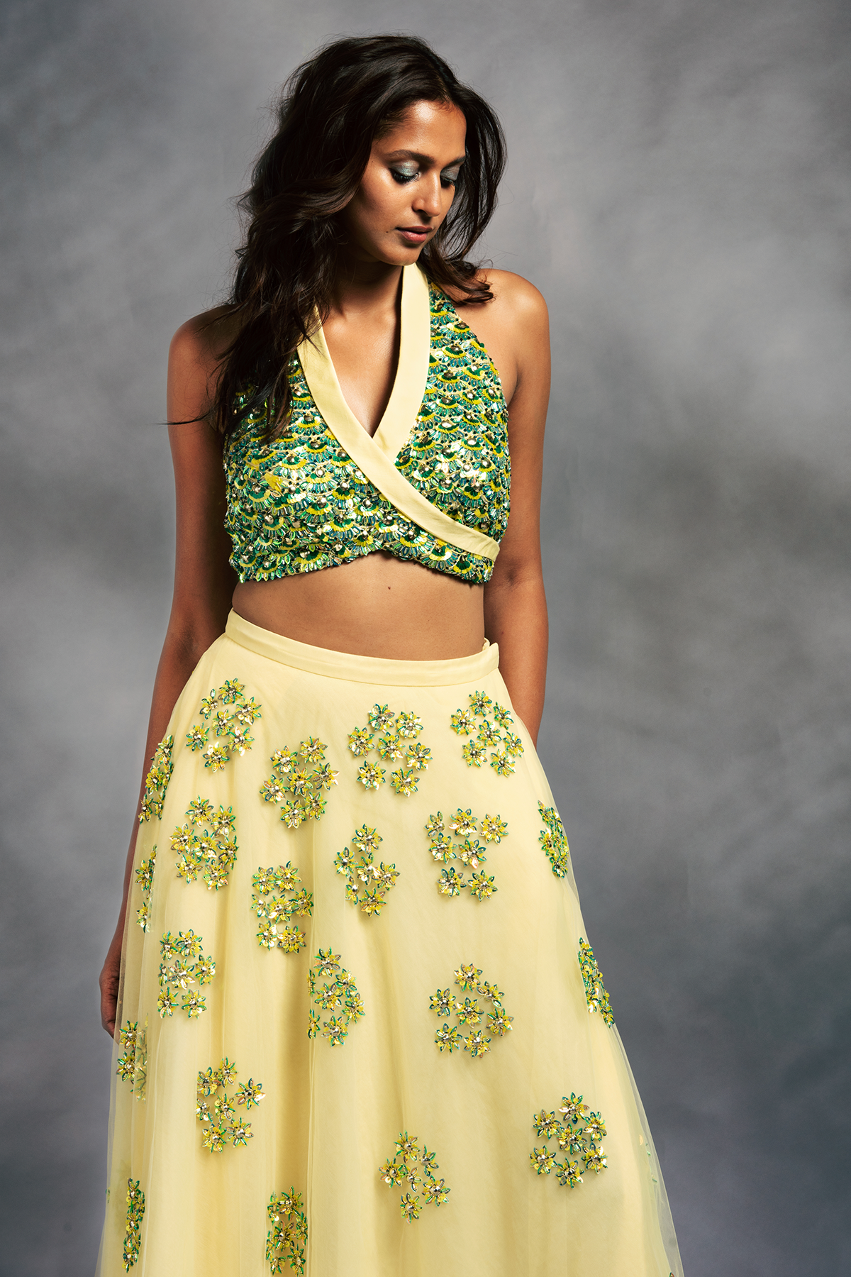 Yellow Floral Embroidered Lehenga With Shawl Collar Embroidered Blouse