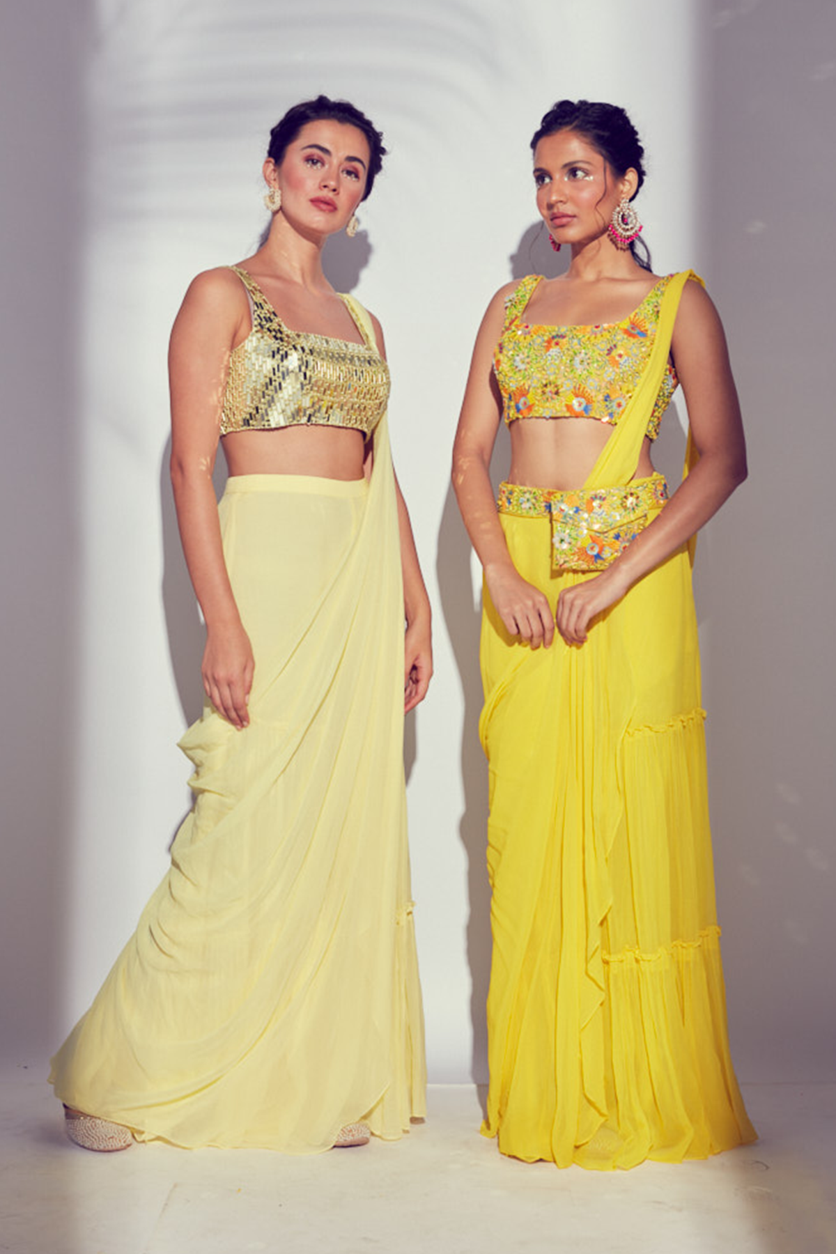 Pastel Yellow Acrylic Embroidered Blouse With Tiered Pre-stitched Saree