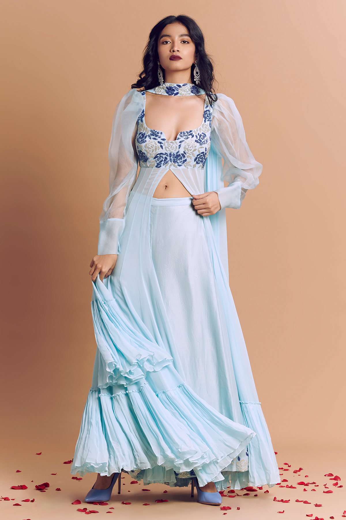 Powder Blue Puff Sleeve Rose Embroidered Anarkali With Flared Pant & Embroidered Dupatta