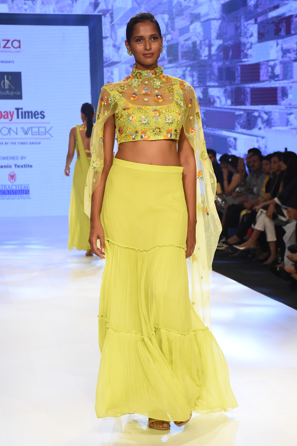 Lime Green 3D Embroidered Multicolor Blouse & Tiered Skirt With Embroidered Tulle Cape