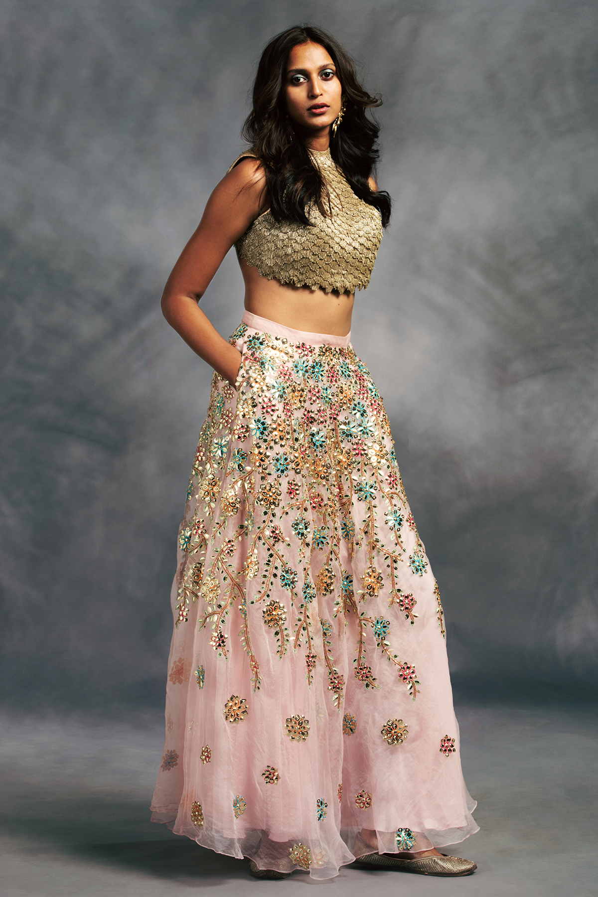 Blush Pink High Neck Scallop Embroidered Blouse With Floral Embroidered Lehenga