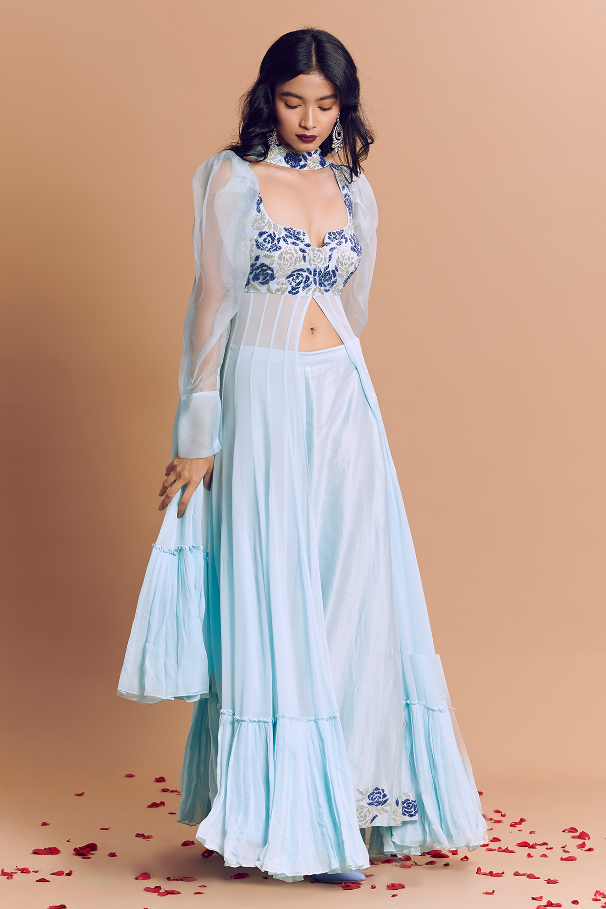 Powder Blue Puff Sleeve Rose Embroidered Anarkali With Flared Pant & Embroidered Dupatta