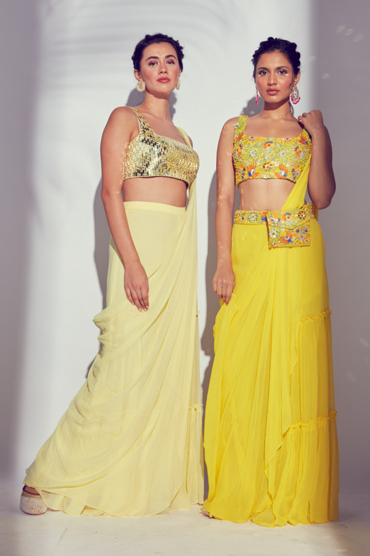 Yellow Prestitched Tiered Saree with 3D Embroidered Multicolour Blouse & Embroidered Bag Belt