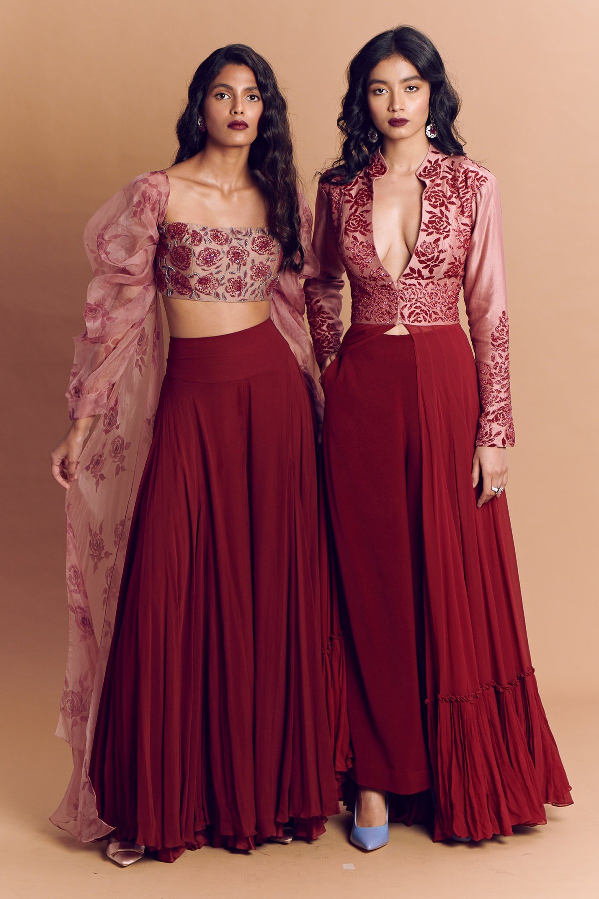 Maroon Cuff Sleeve With Rose Embroidered Blouse & Godet Pant