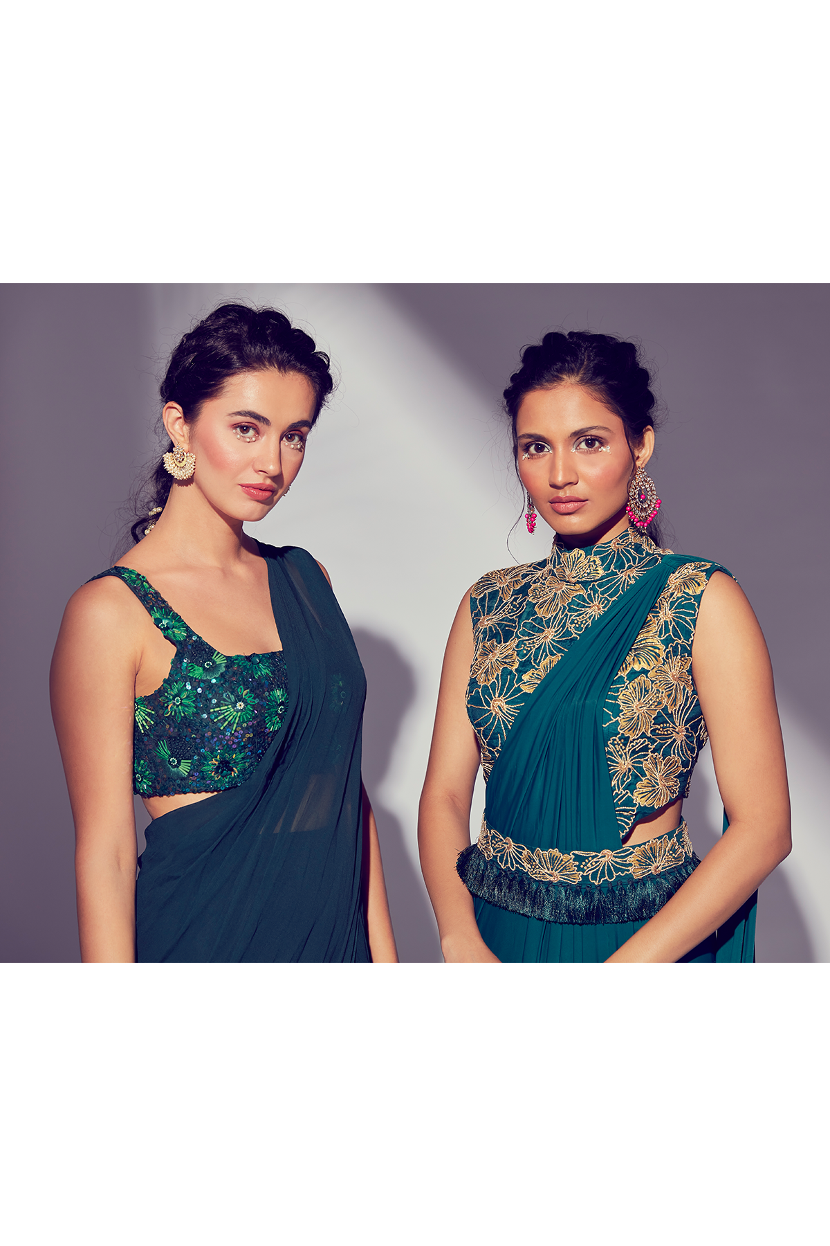 PEACOCK GREEN HIBISCUS EMBROIDERED LYCRA PRESTICHED SKIRT SAREE WITH EMBROIDERED TASSEL BELT