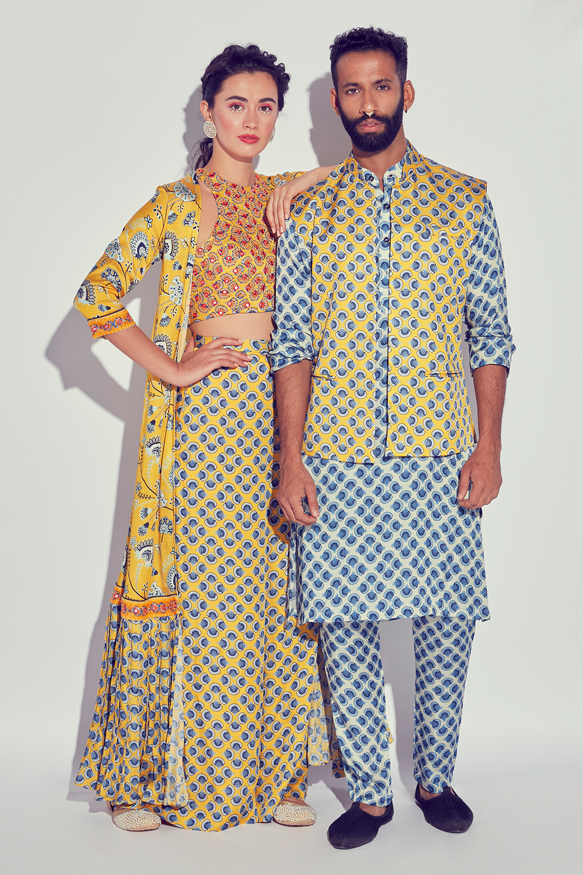 Yellow Jaal Printed Jacket With Butta Embroidered Blouse & Butta Printed Sharara