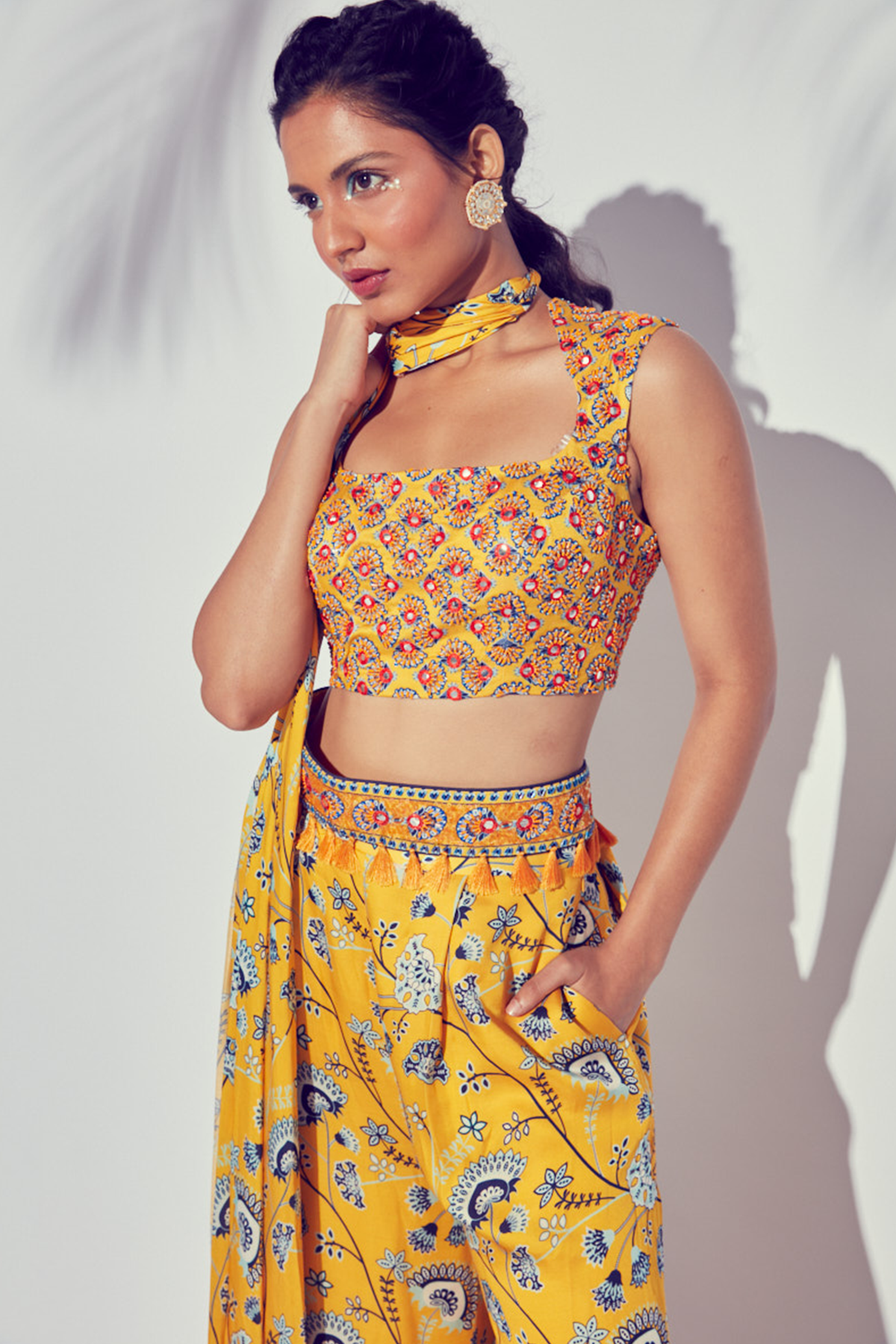 Yellow Jaal Printed Pant Saree With Butta Embroidered Blouse & Embroidered Belt