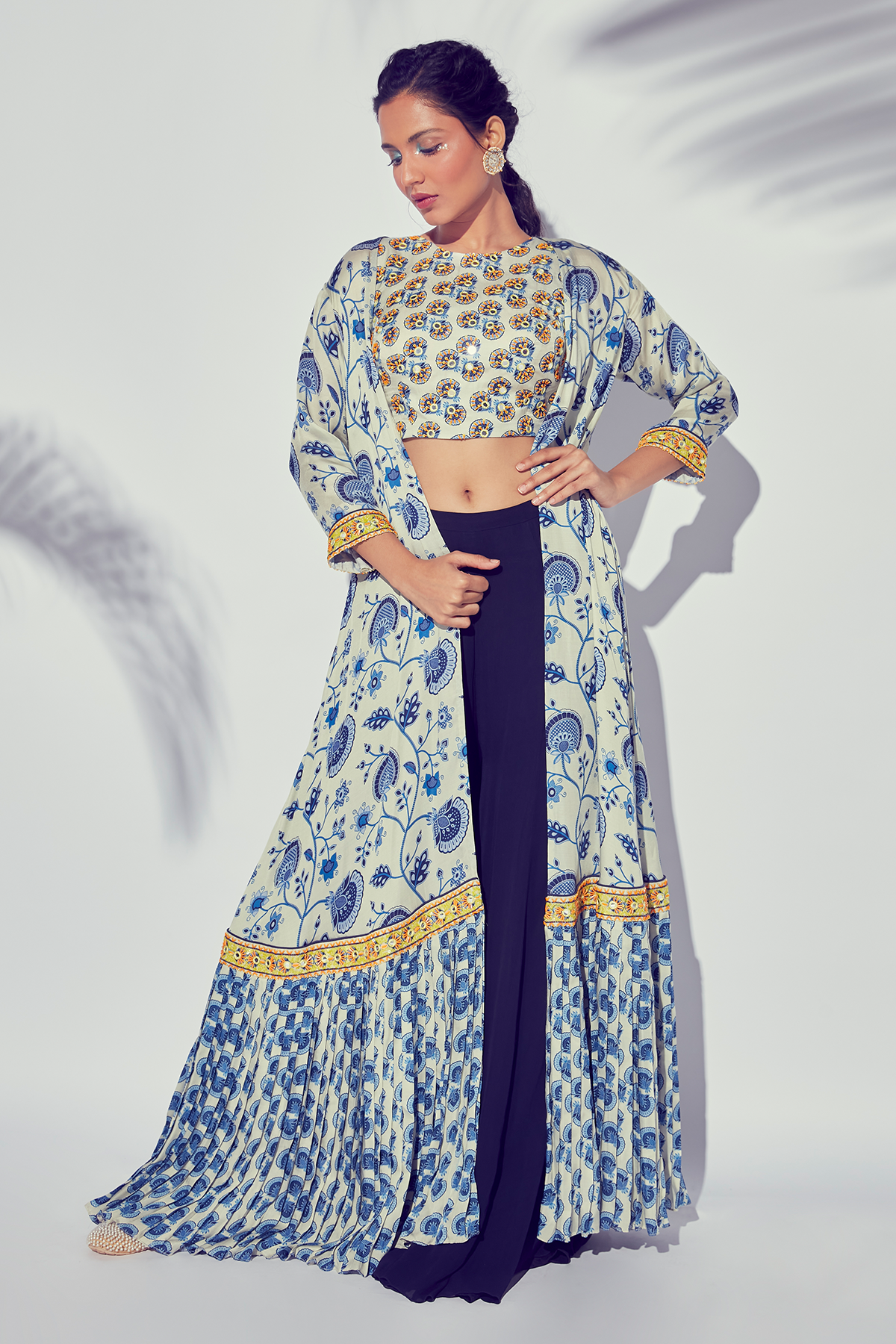 Blue Jaal Jacket With Border & Butta Embroidered Blouse & Sharara