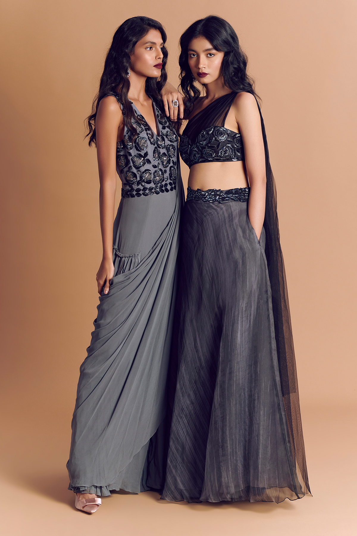Grey V Neck Rose Embroidered Tiered Jumpsuit Saree