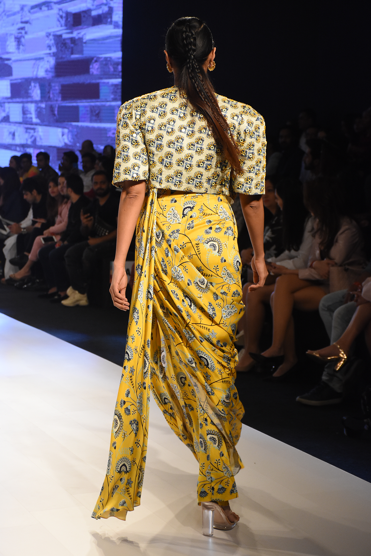 Yellow Jaal Printed Pant Saree With Butta Embroidered Blouse & Blue Butta Printed Jacket