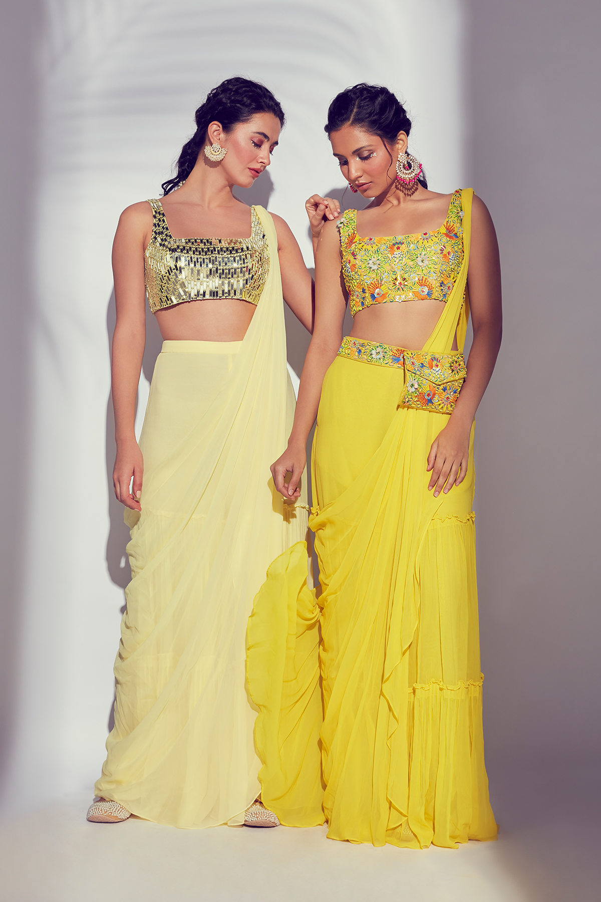 PASTEL YELLOW ACRYLIC EMBROIDERED BLOUSE WITH TIERED PRE-STITCHED GHARARA PANTS SAREE
