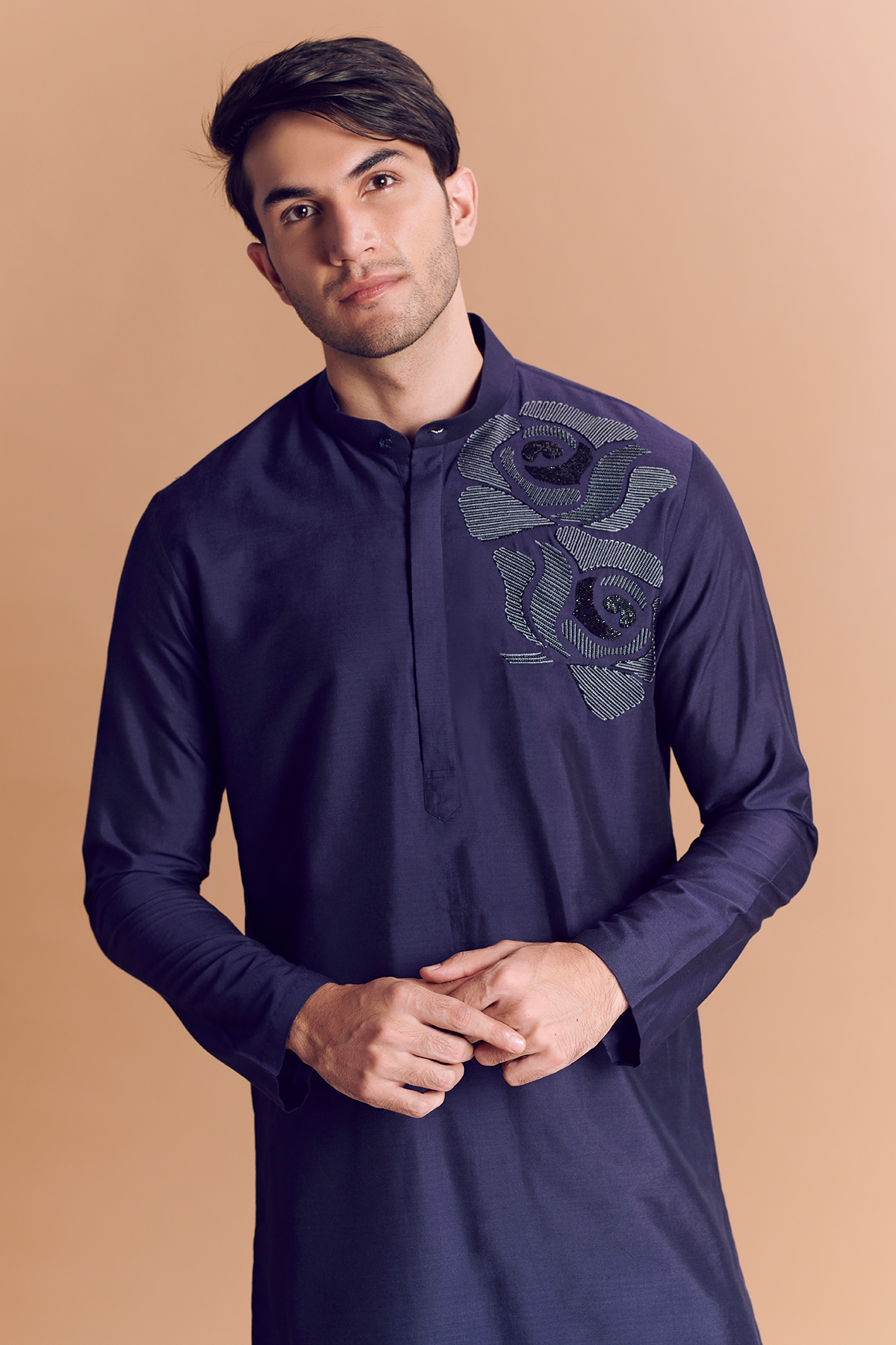 Navy Blue Kurta With Rose Embroidery