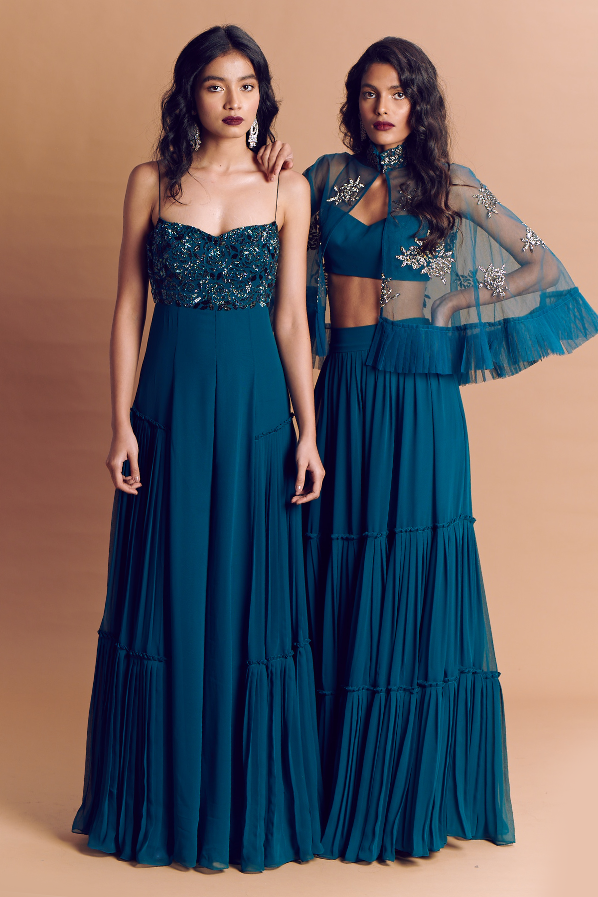 Peacock Green Tiered Skirt & Bustier With Rose Embroidered Tulle Cape