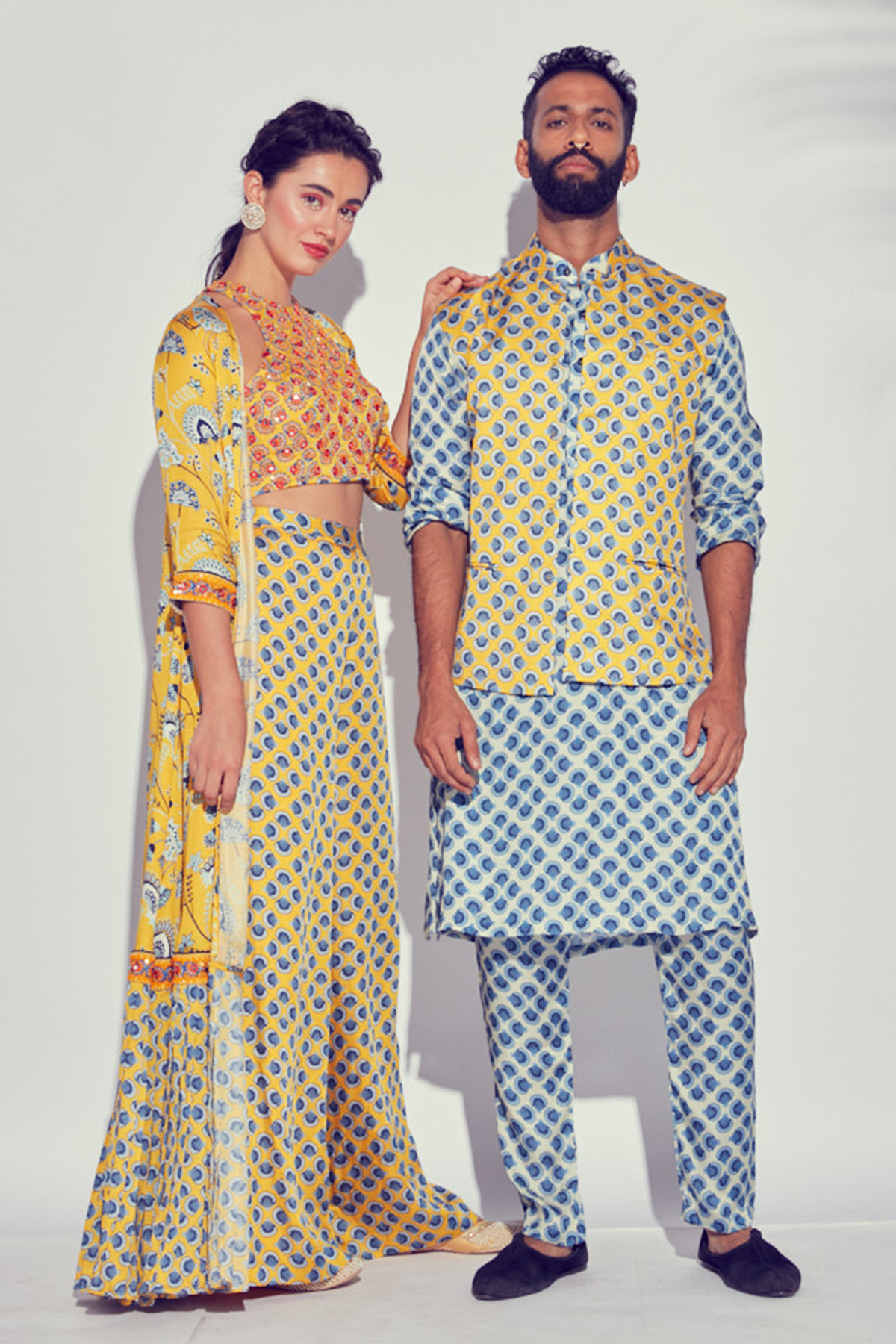 Yellow Jaal Printed Jacket With Butta Embroidered Blouse & Butta Printed Sharara