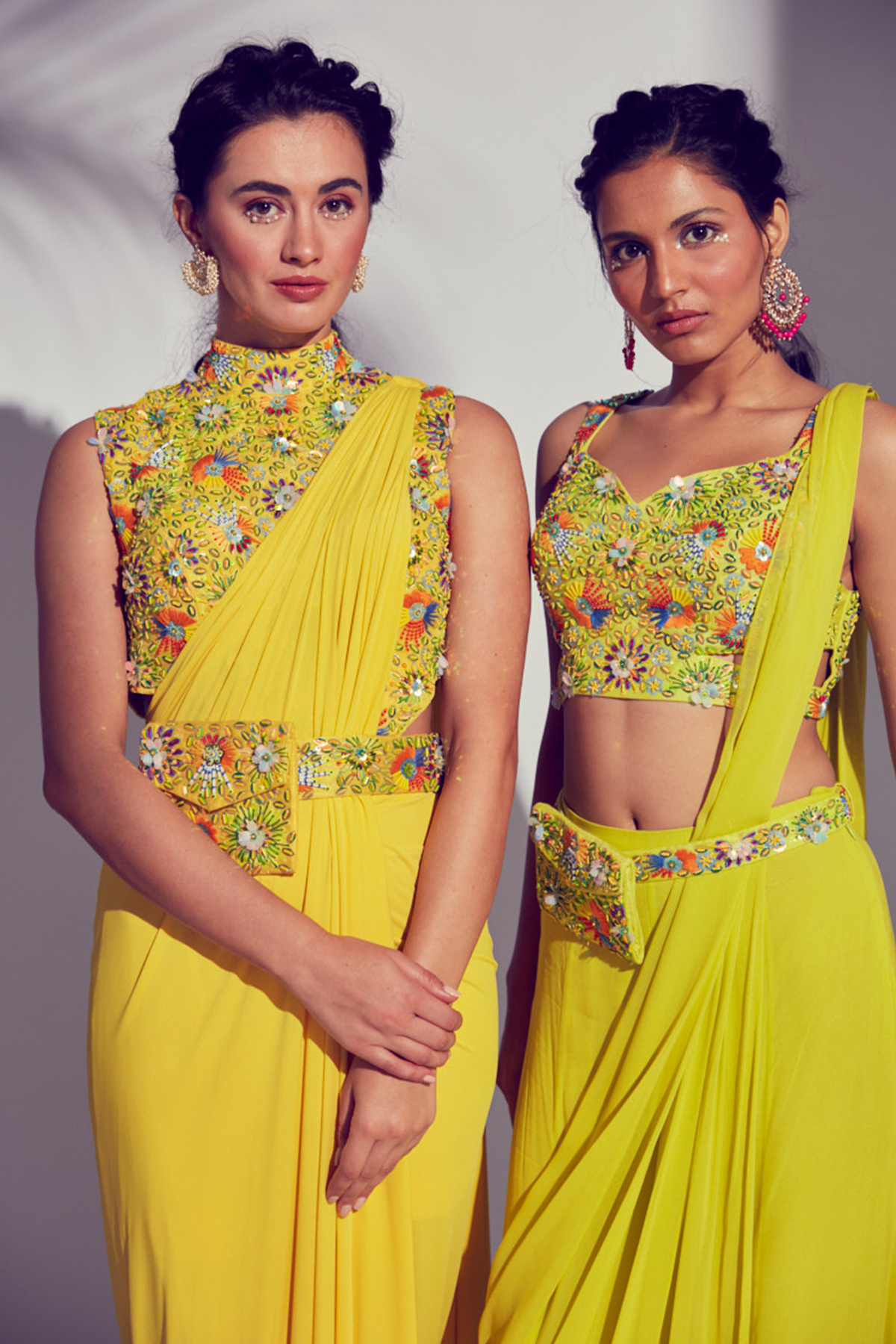 Yellow 3D Multicolour Embroidered Prestiched Lycra Saree With Embroidered Bag Belt
