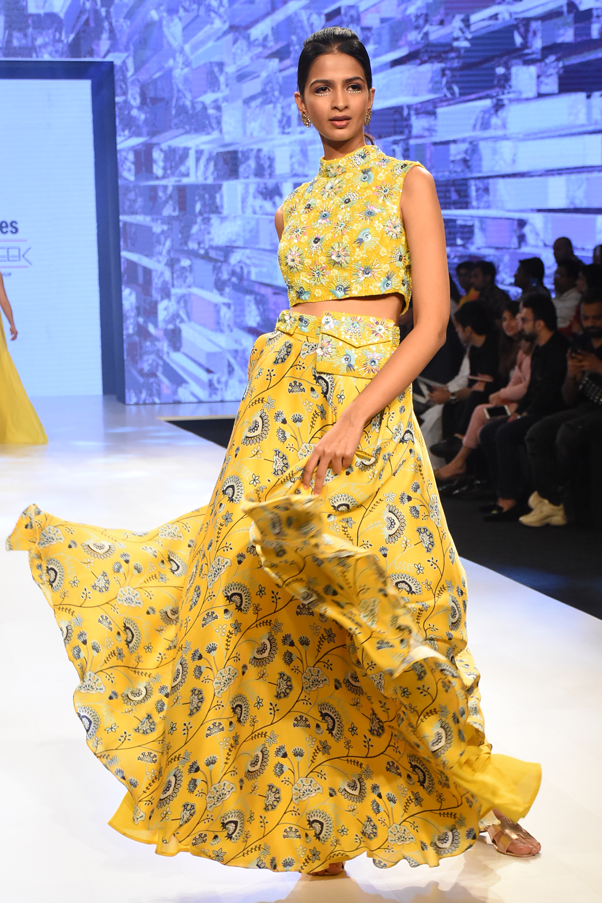 Yellow Jaal Printed Lehenga With Blue and Yellow 3D Embroidered Blouse & Bag Belt