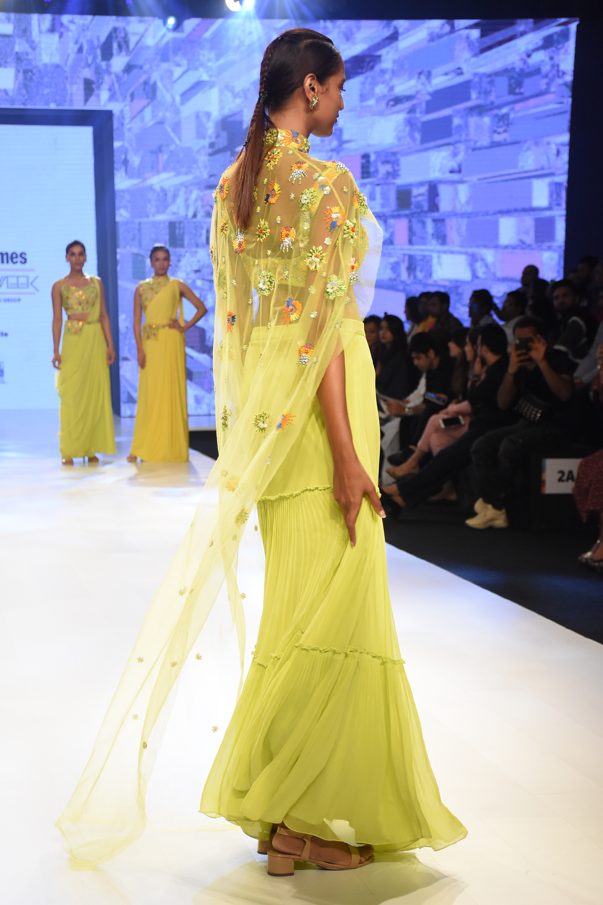 Lime Green 3D Embroidered Multicolor Blouse & Tiered Skirt With Embroidered Tulle Cape
