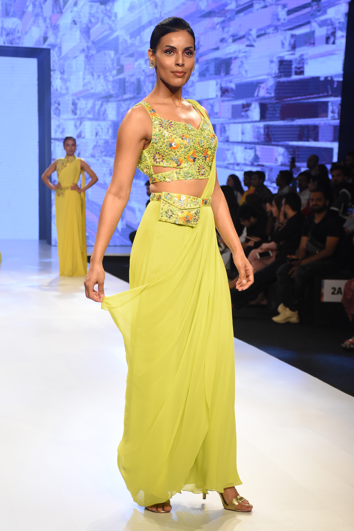 Lime Green 3D Multicolour Embroidered Cut out Blouse with Prestitched Sharara Saree & Embroidered Bag Belt
