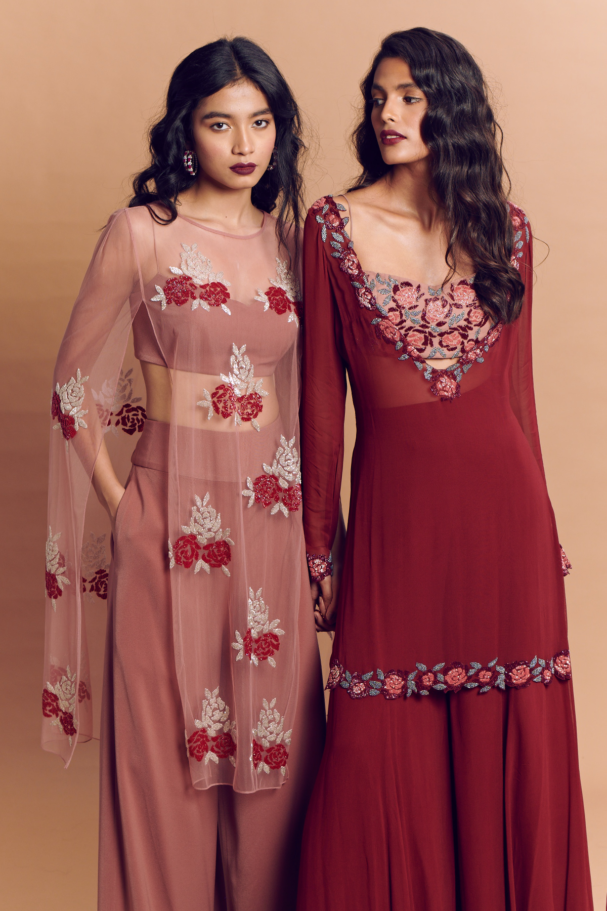 Maroon V Neck Embroidered Kurti With Embroidered Bustier & Sharara