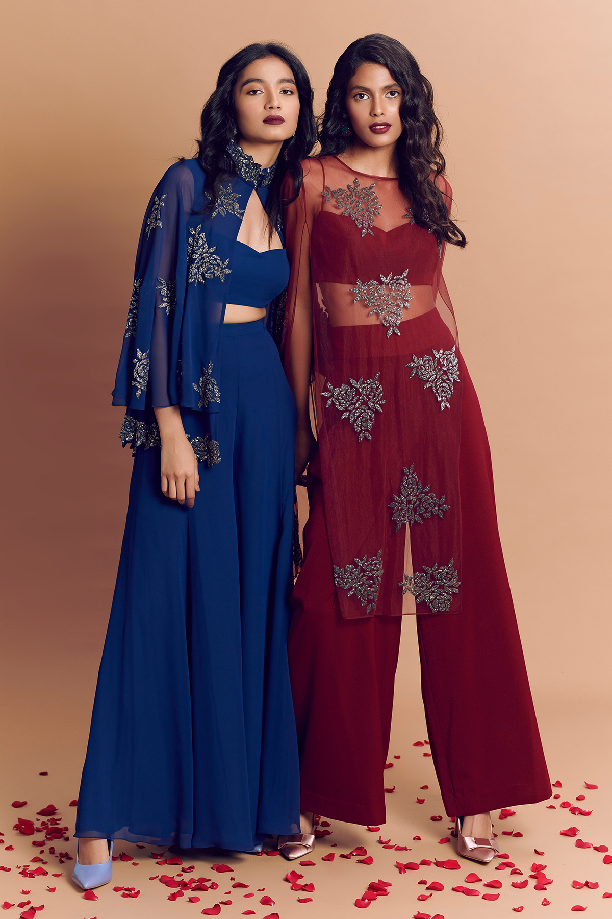 Indigo Blue Rossette Embroidered Double Layer Cape With Bustier & Sharara