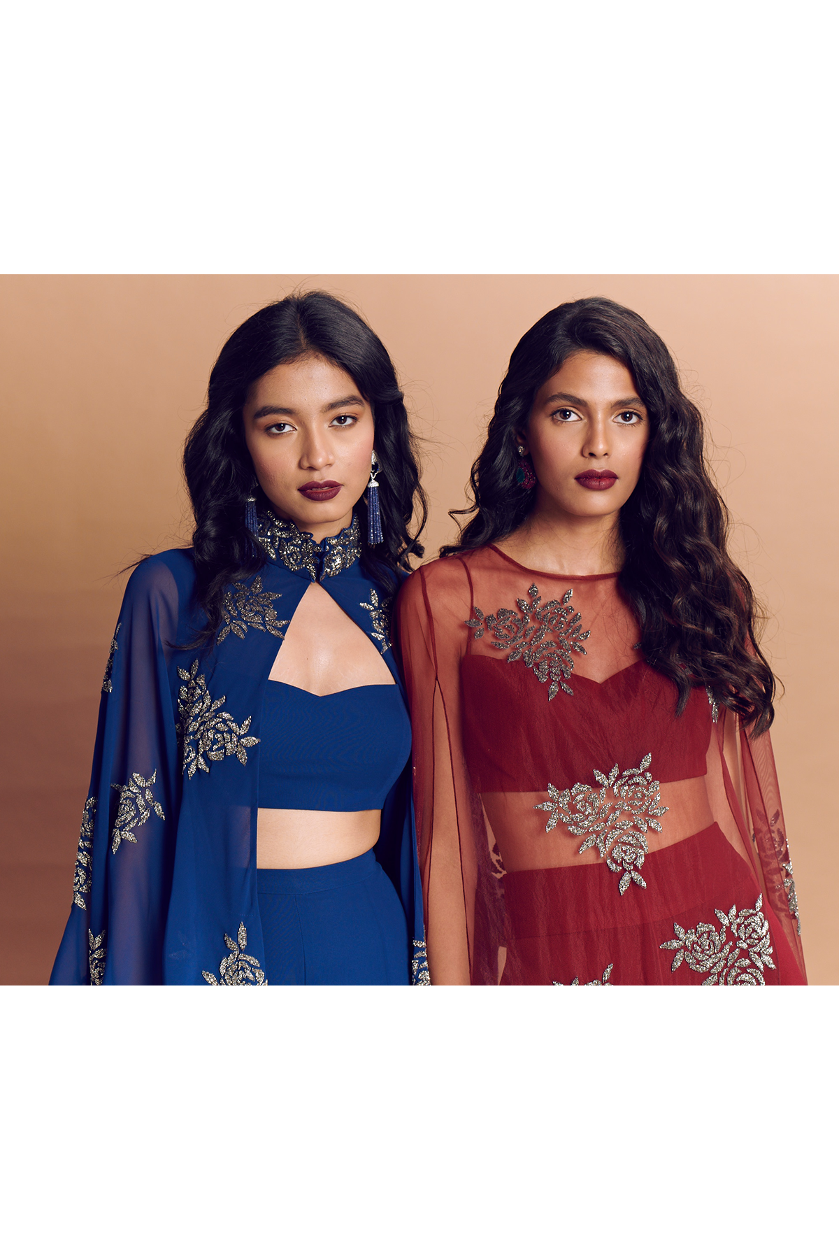 Indigo Blue Rossette Embroidered Double Layer Cape With Bustier & Sharara