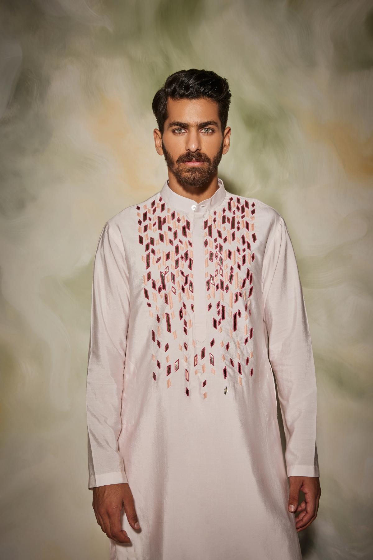 Blush Pink and Maroon stripped Acrylic and thread Embroidered Kurta