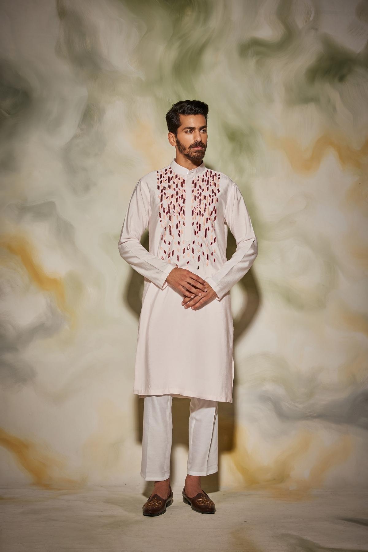 Blush Pink and Maroon stripped Acrylic and thread Embroidered Kurta