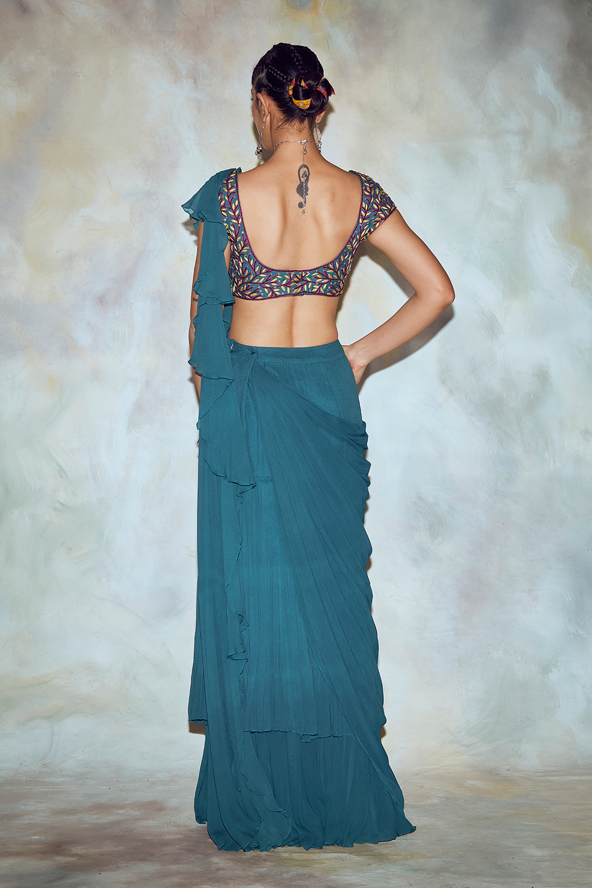 Teal Blue Leaf Embroidered Saree Set