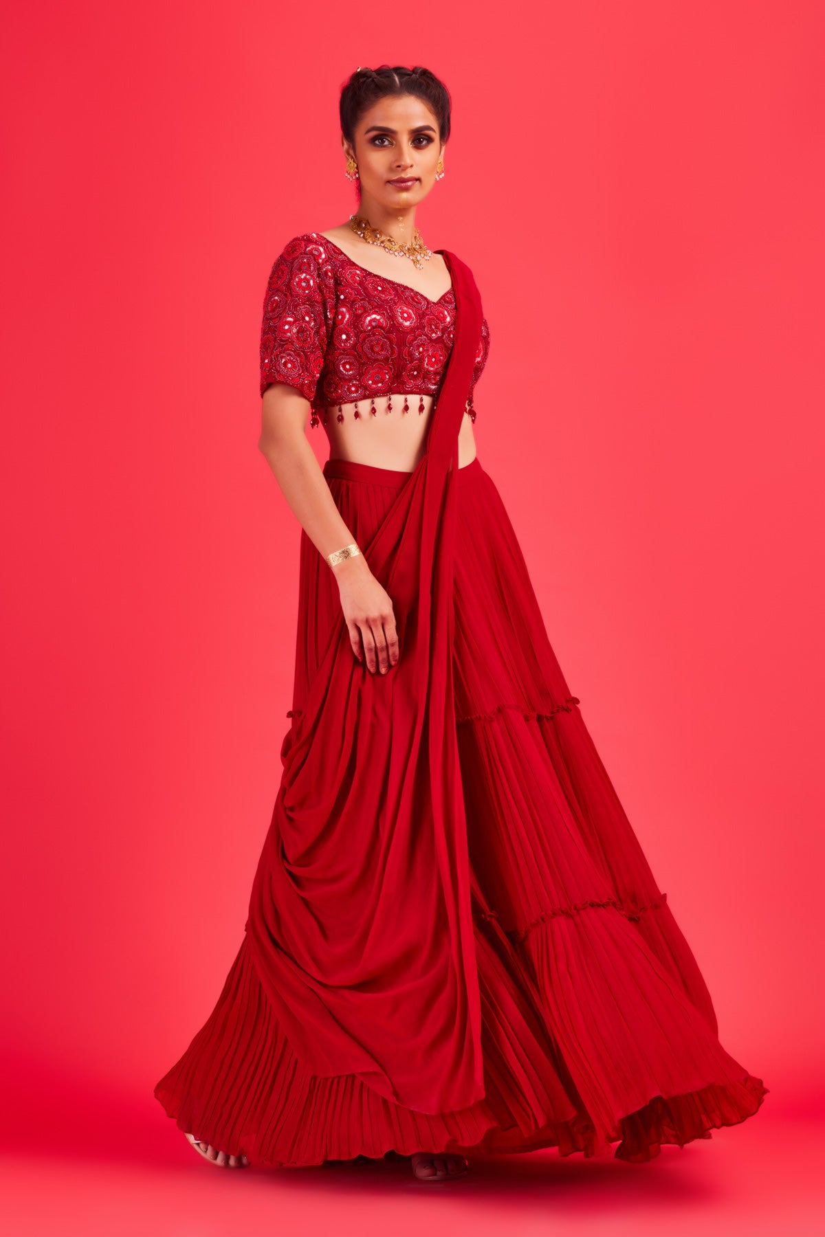 Red Floral Embroidered Blouse With Red Tiered Skirt Sari
