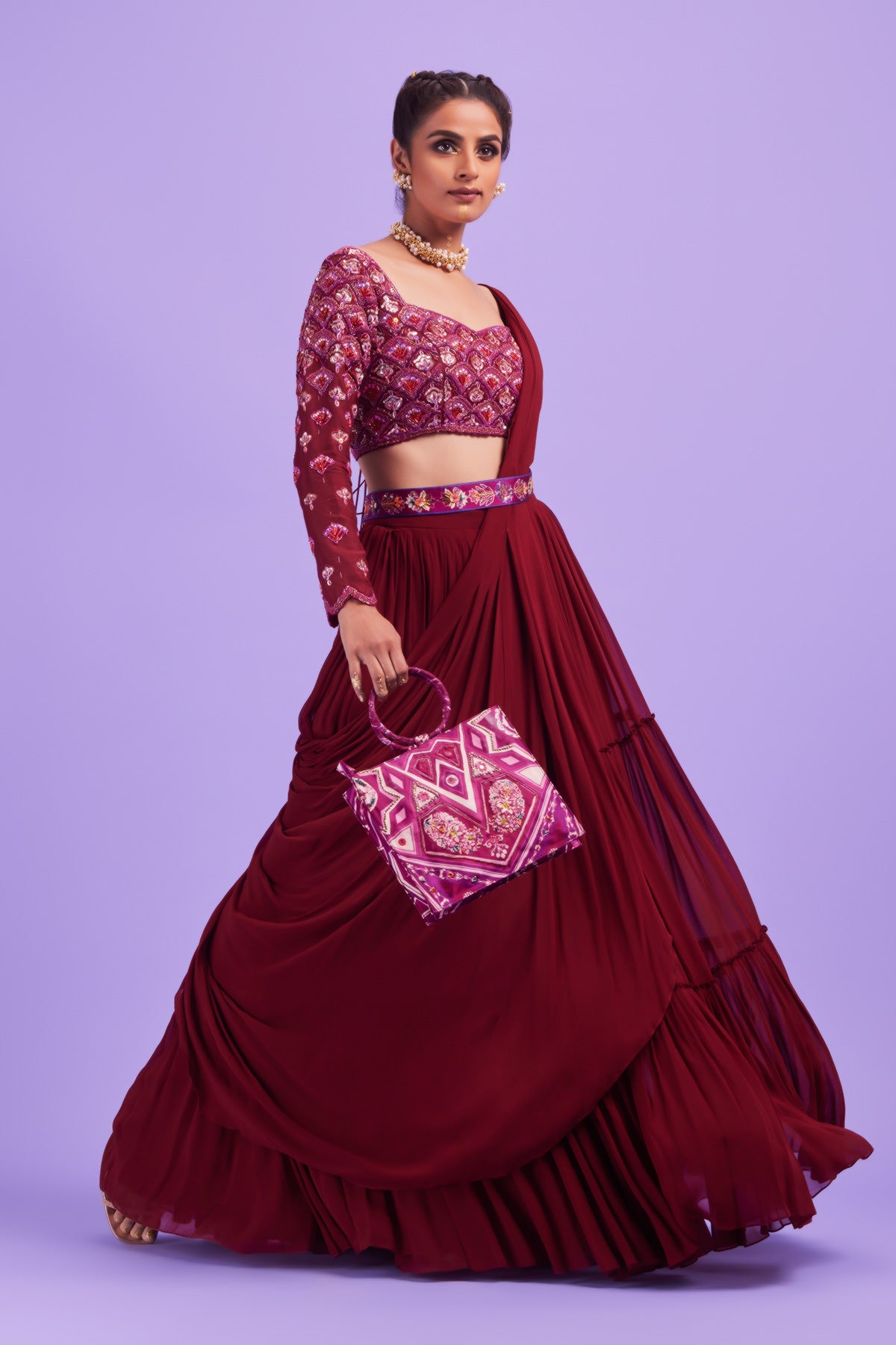 Deep Red Self on Self Scallop Embroidered Blouse with Sari Set