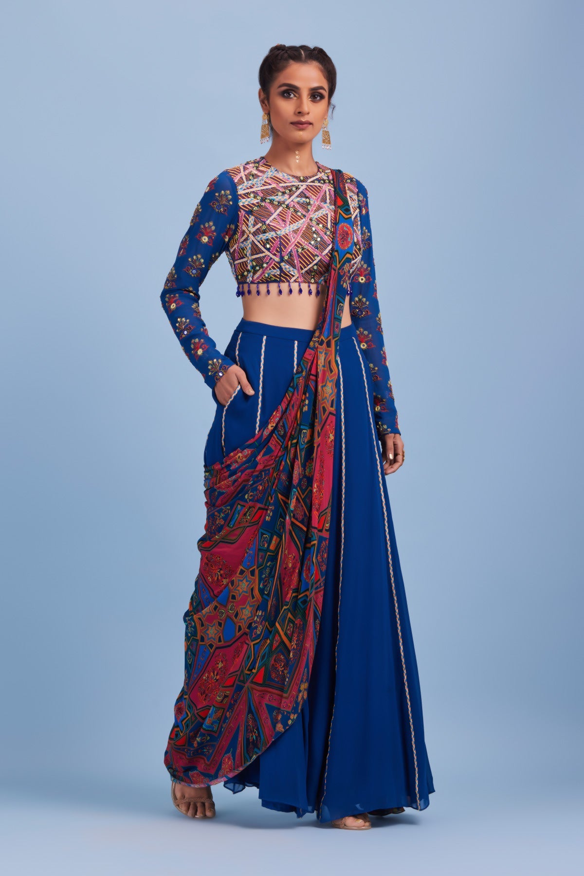Blue Abstract Stripe Embroidered Sari Set
