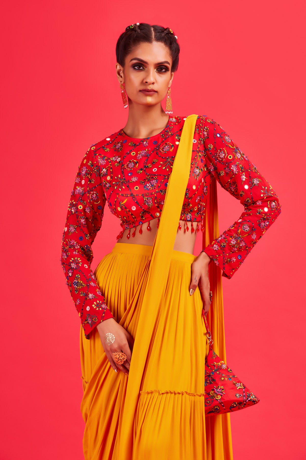 Red Bale Print Blouse With Yellow Tiered Sari & Bag