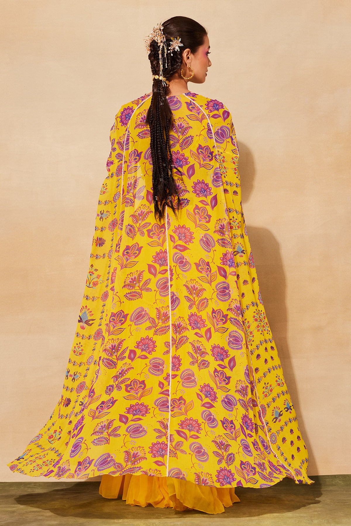 YELLOW PRINT & EMBROIDERED CAPE SET