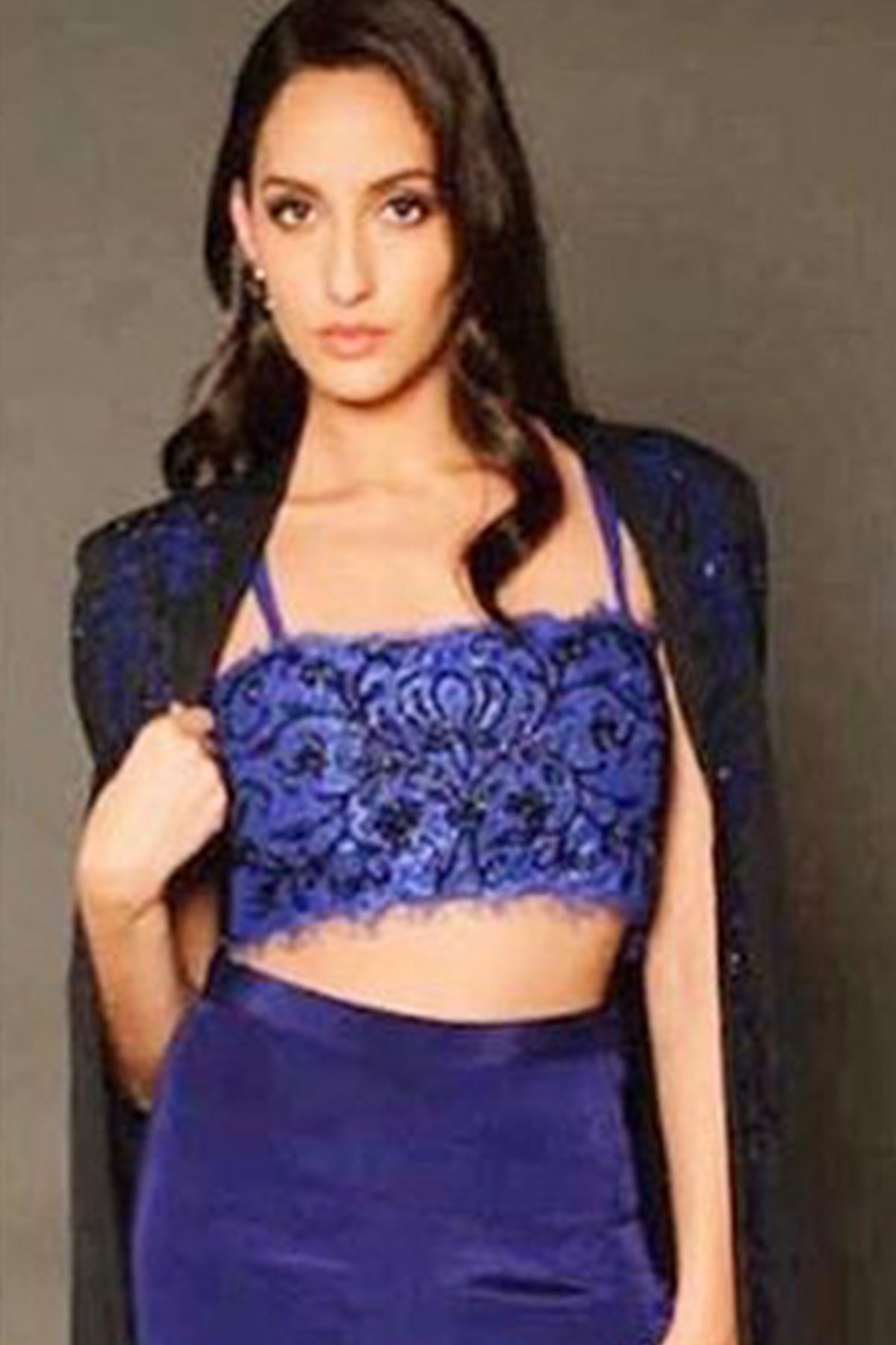 Nora Fatehi in Embroidered Cape With Bustier and Pants