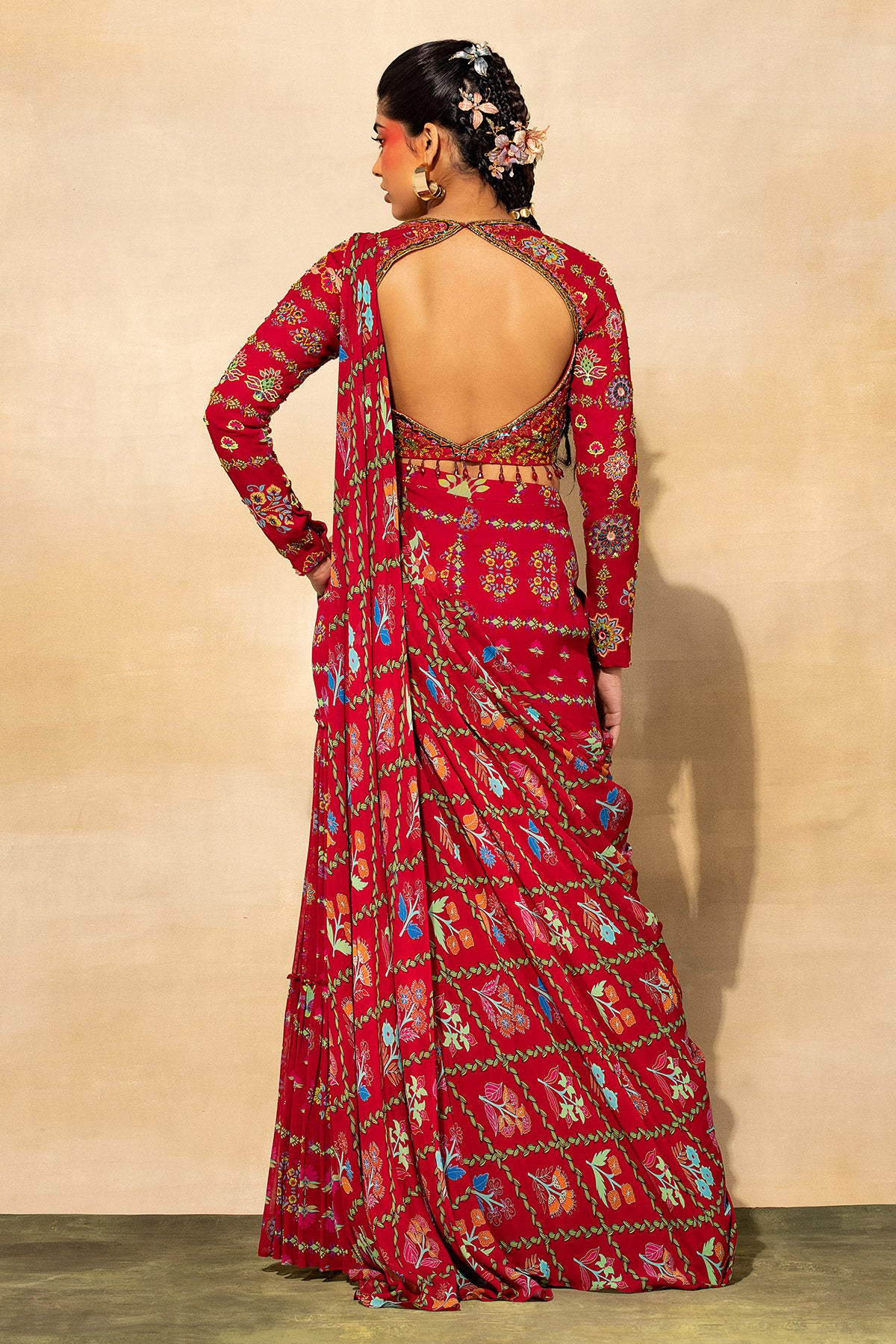 CRIMSON RED FLORAL EMBROIDERED & PRINTED SAREE SET