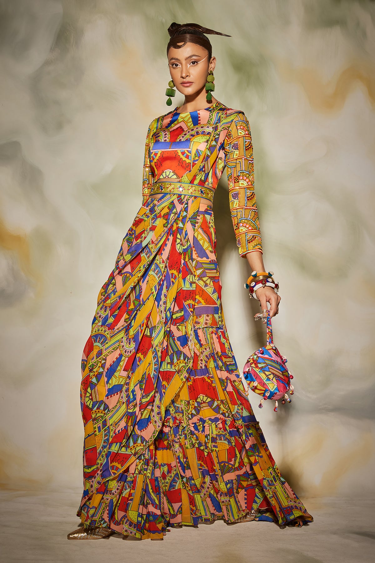 Neon Geometric Printed Gharara Saree Set With Belt & Drop Potali Bag