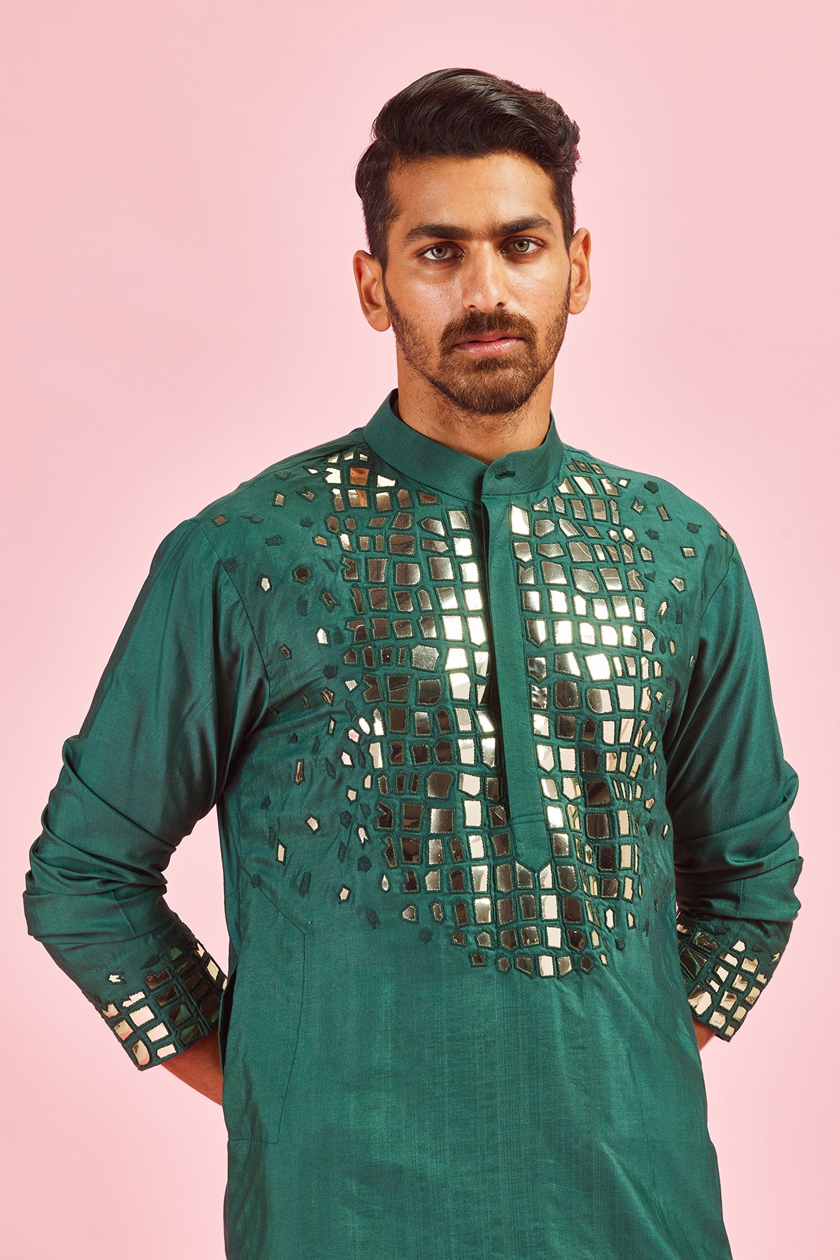 Green Acrylic and Thread Embroidered Dropdown Kurta With Green Pants