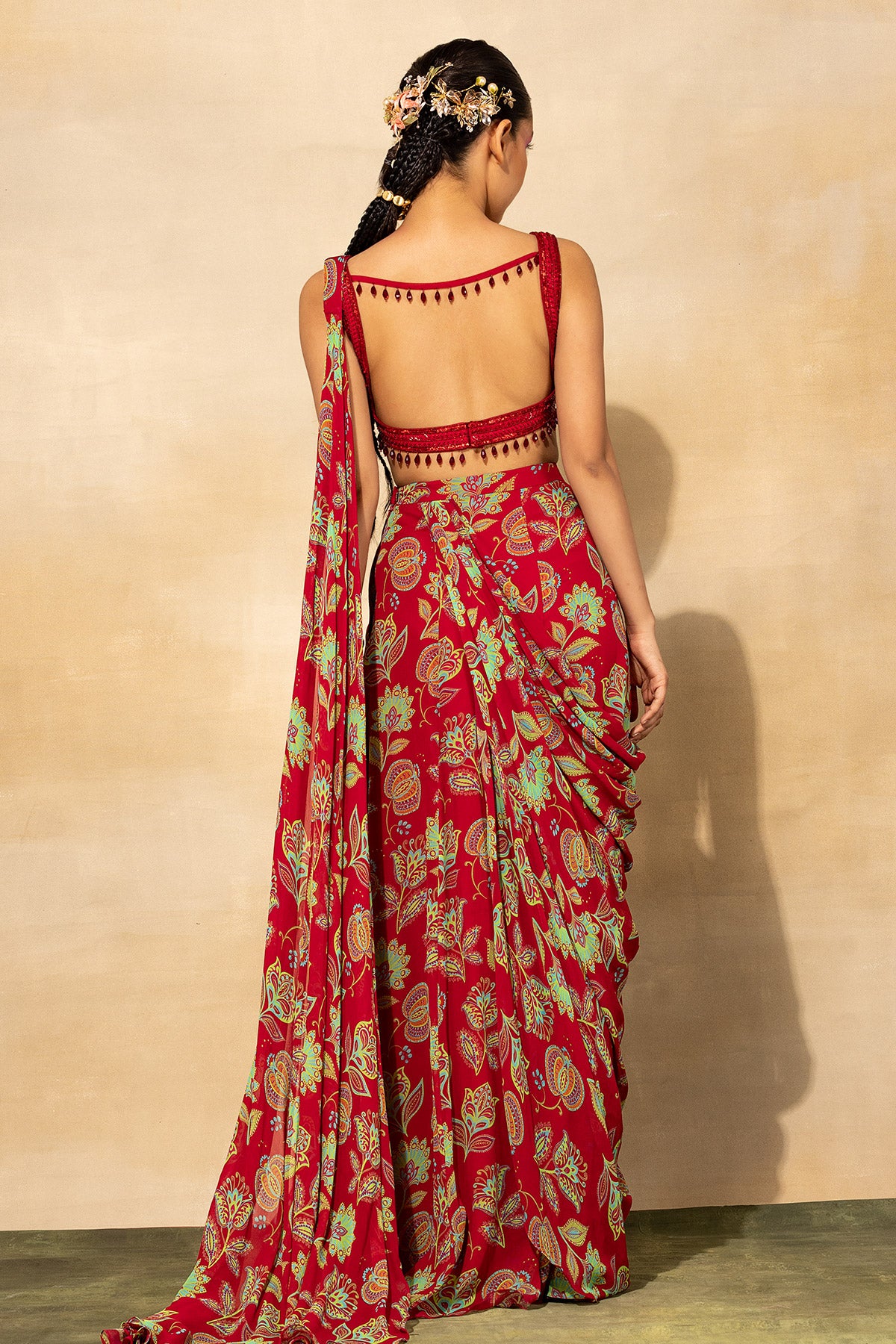 CRIMSON RED DIAMOND EMBROIDERED & PRINTED SAREE SET