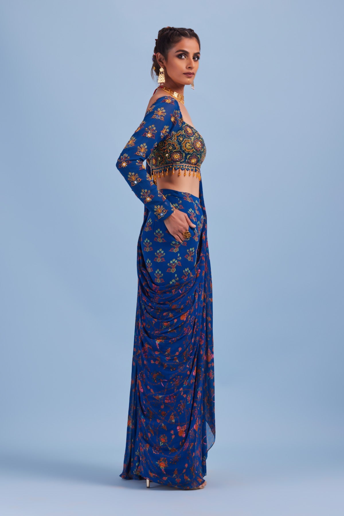 Blue Cutdana Floral Embroidered Butta Gharara Pants Sari Set