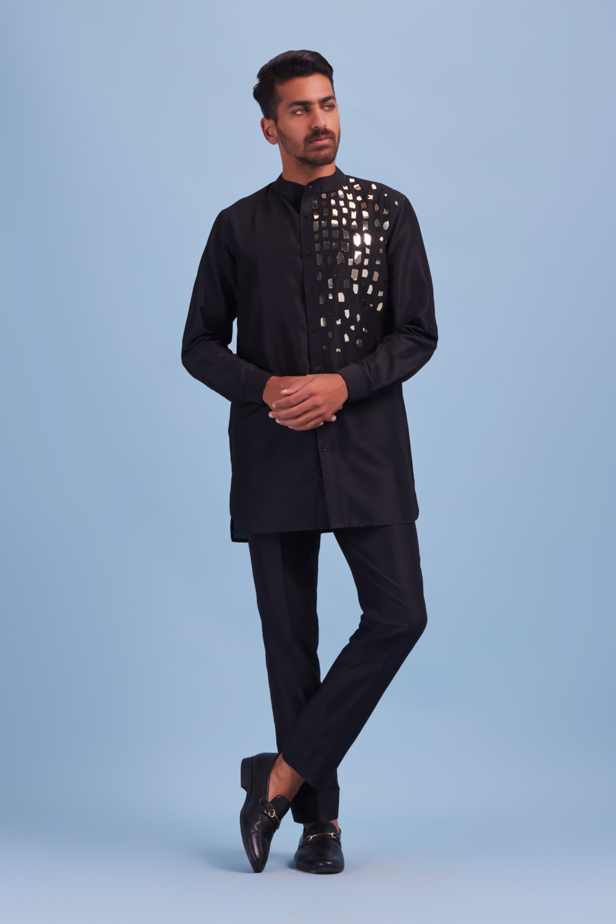 Black Acrylic and Thread  Embroidered Dropdown Kurta Shirt With Acrylic and Thread Embroidered Front Open Jacket With Black Pants