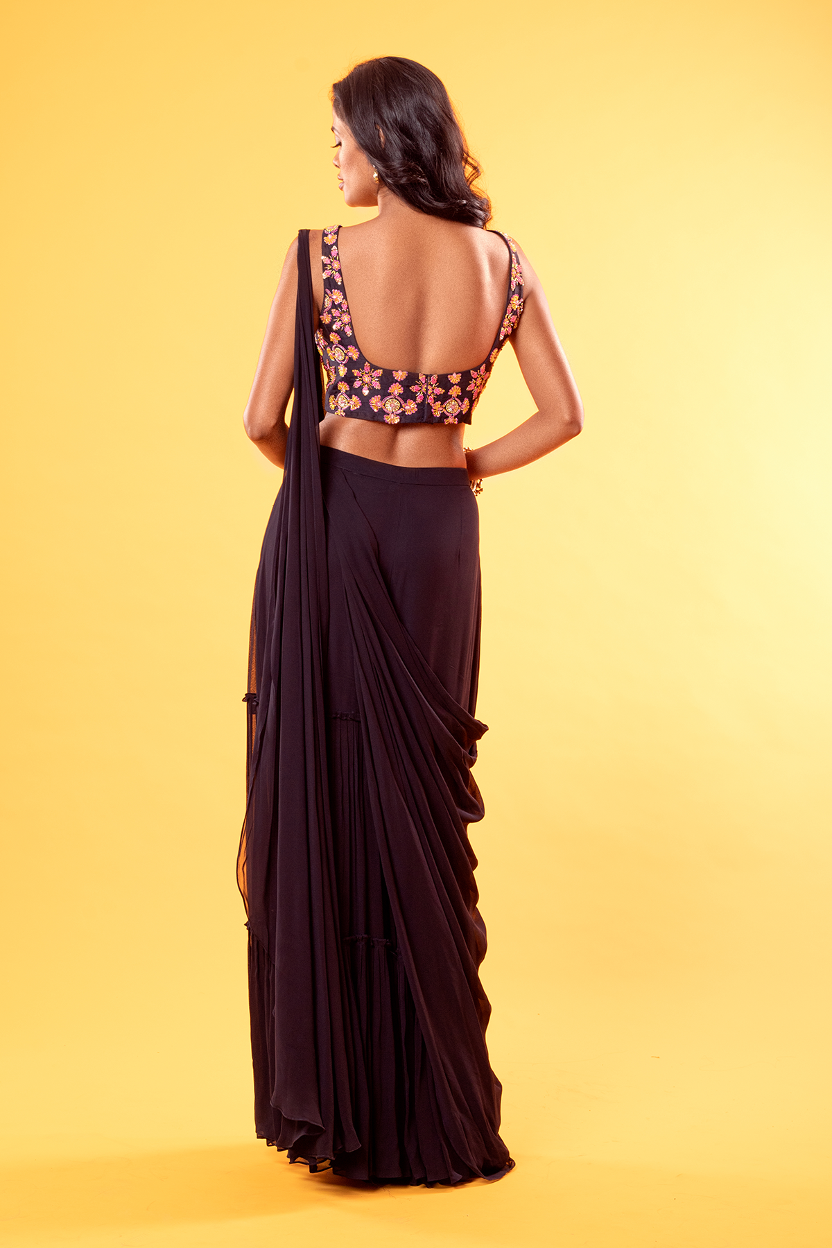 Navy Blue Colourful Thread  Embroidered Blouse & Tiered Saree With Embroidered Potli Bag