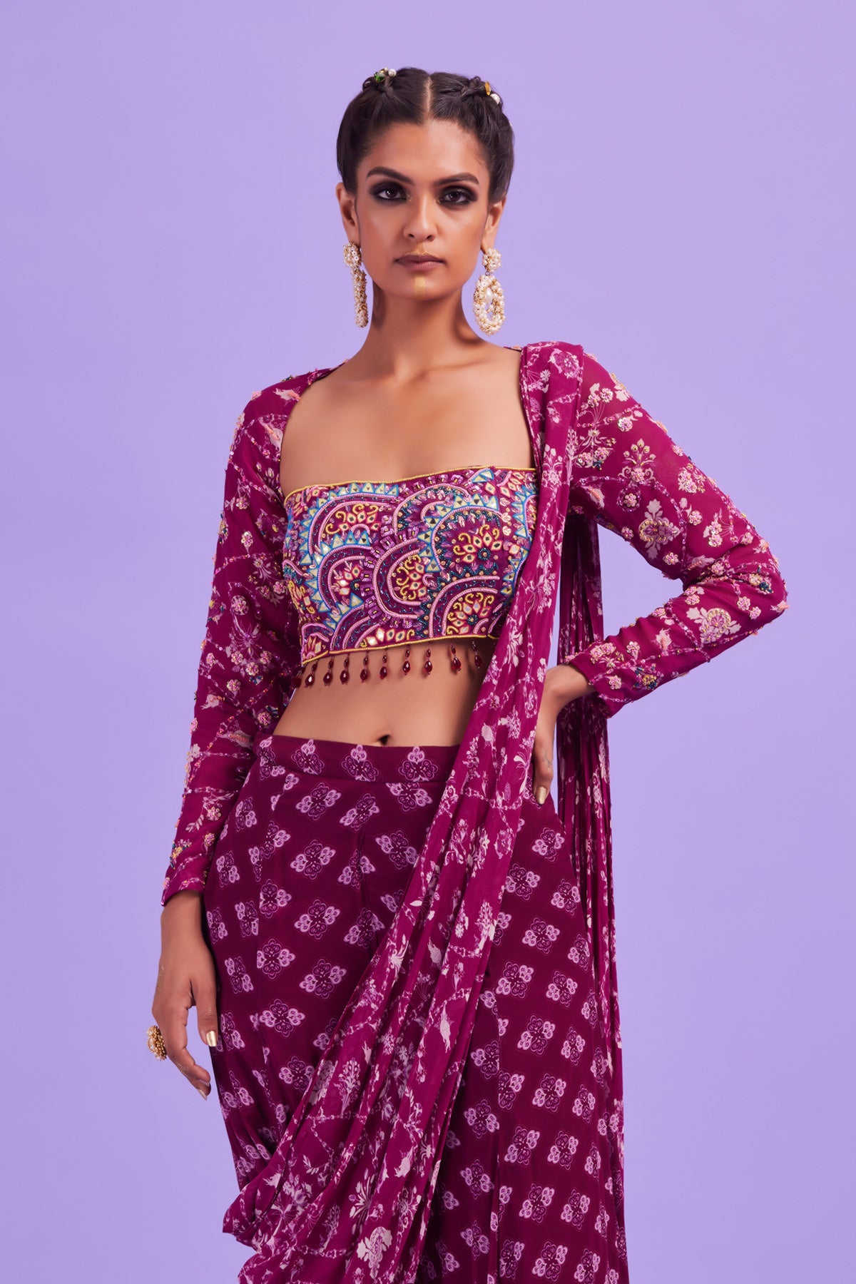 Purple Half Circle Embroidered Full Sleeves Blouse with Printed Sharara Sari